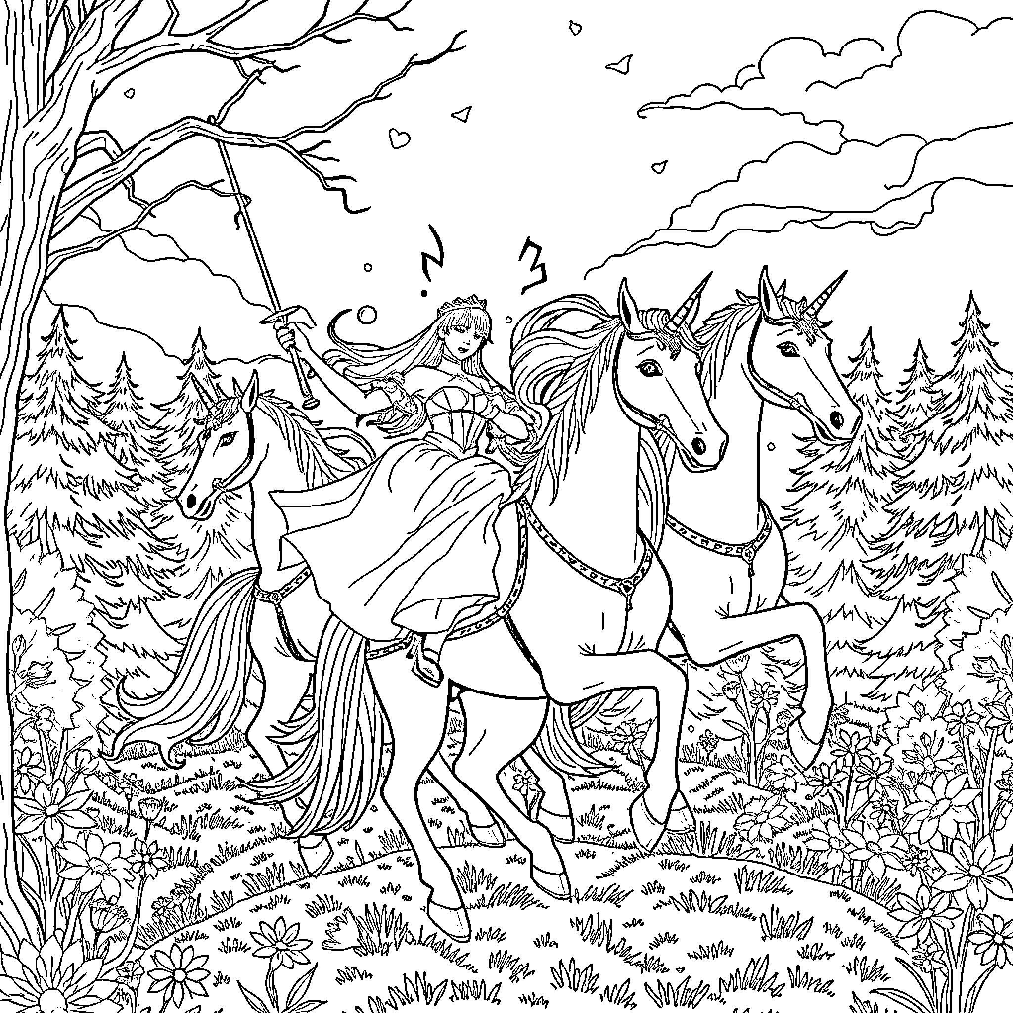 Kpop Demon Hunter Rides Unicorns Through Enchanted Forest Coloring Page (free black-and-white line drawing printable PDF for all, from beginners to advanced learners, including children, teens, adults, and seniors)