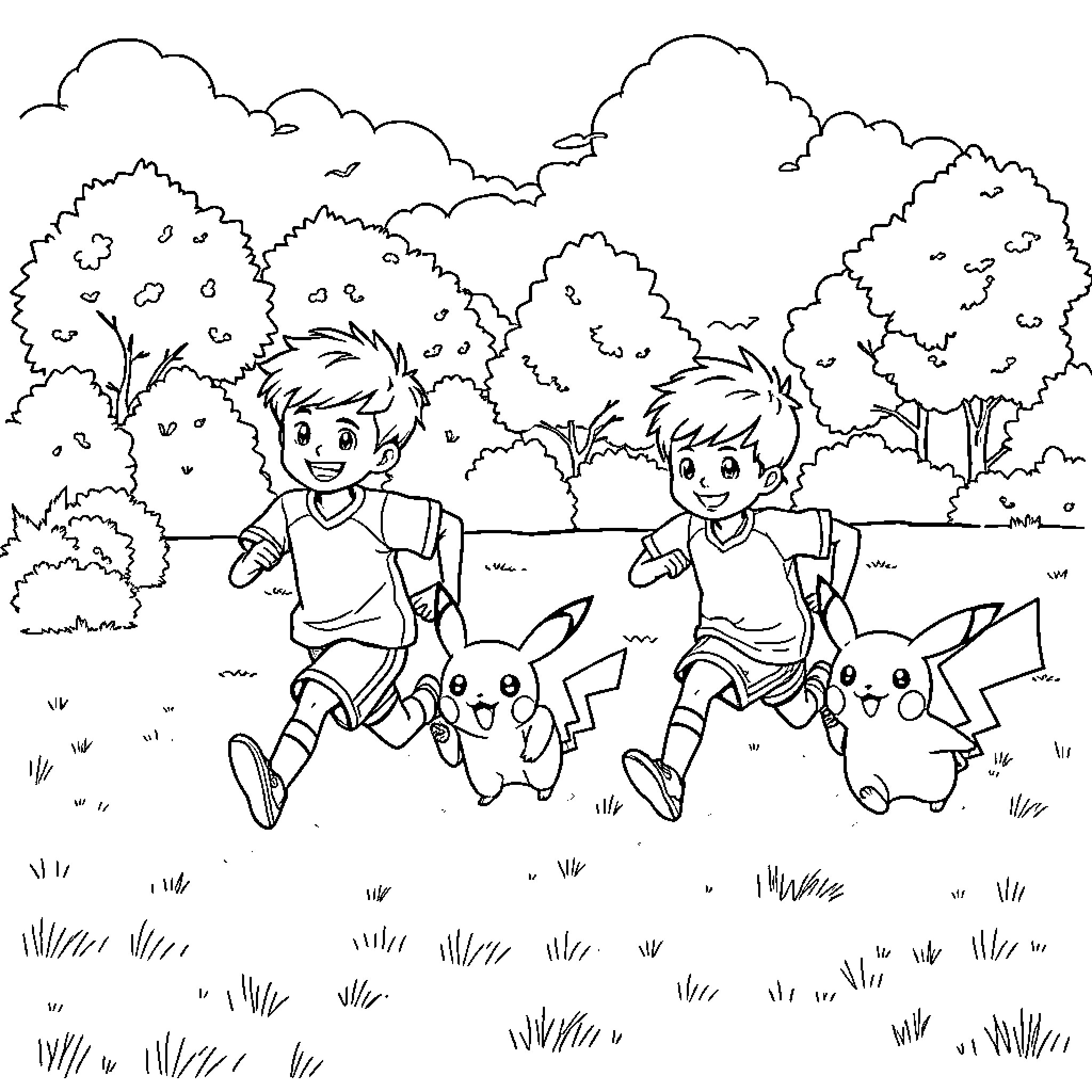 Boy friends playing with cute creatures in nature Coloring Page (free black-and-white line drawing printable PDF for all, from beginners to advanced learners, including children, teens, adults, and seniors)