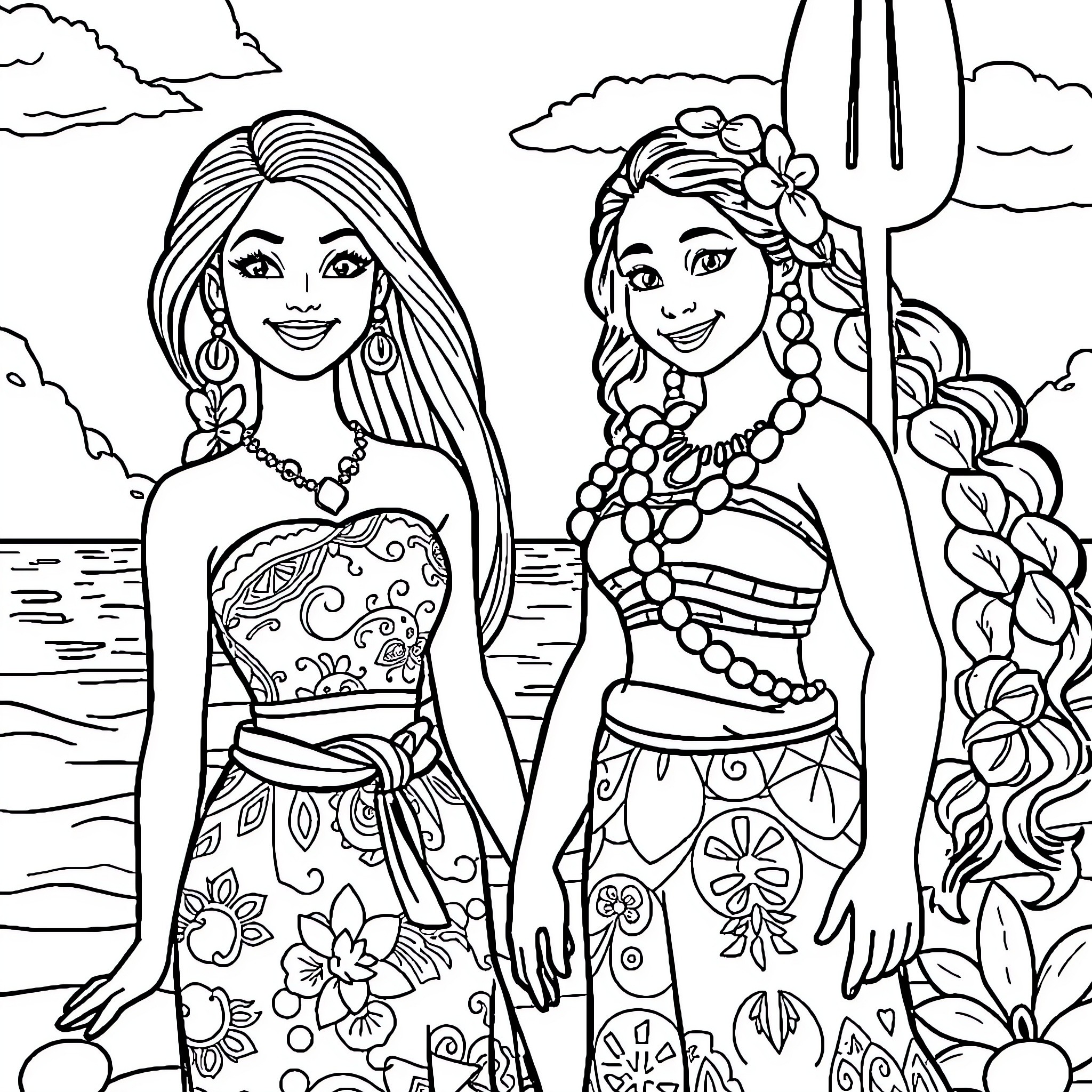Barbie and friend enjoying tropical beach scene Coloring Page (free black-and-white line drawing printable PDF for all, from beginners to advanced learners, including children, teens, adults, and seniors)