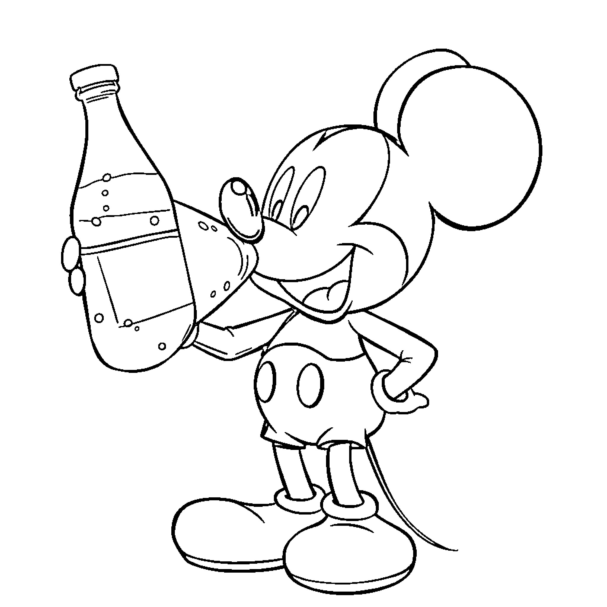 Mickey Mouse drinking soda happily Coloring Page (free black-and-white line drawing printable PDF for all, from beginners to advanced learners, including children, teens, adults, and seniors)