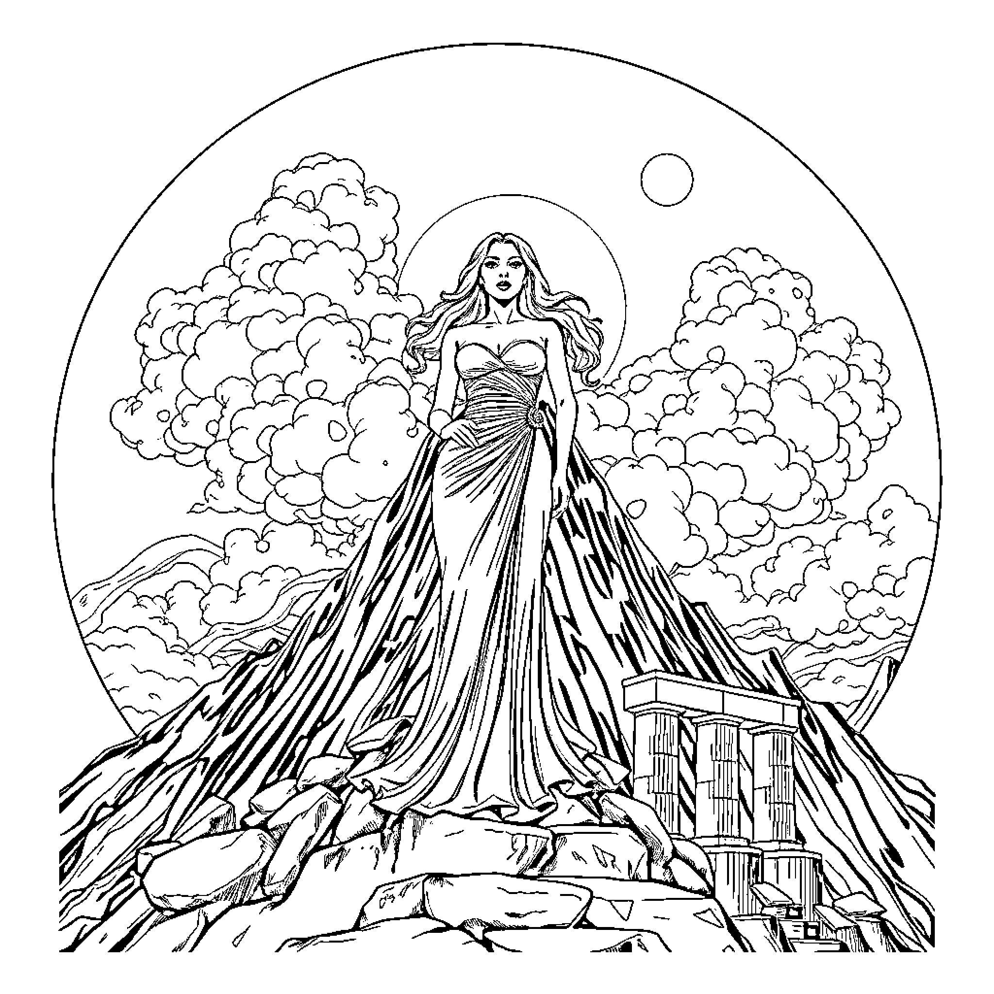 Lady Gaga's Dramatic Mountain Silhouette in the Clouds Coloring Page (free black-and-white line drawing printable PDF for all, from beginners to advanced learners, including children, teens, adults, and seniors)