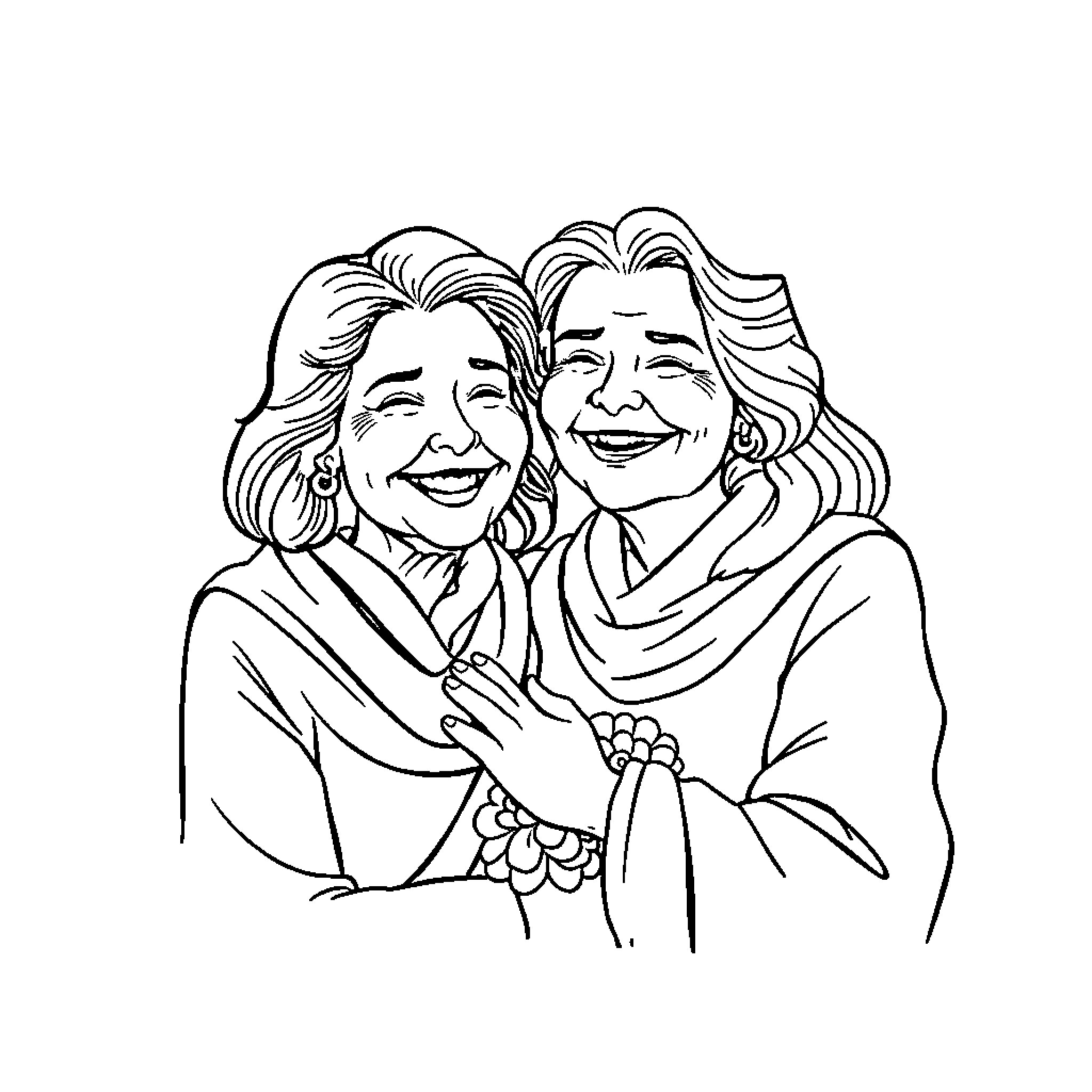 Mom and daughter share a joyful embrace Coloring Page (free black-and-white line drawing printable PDF for all, from beginners to advanced learners, including children, teens, adults, and seniors)