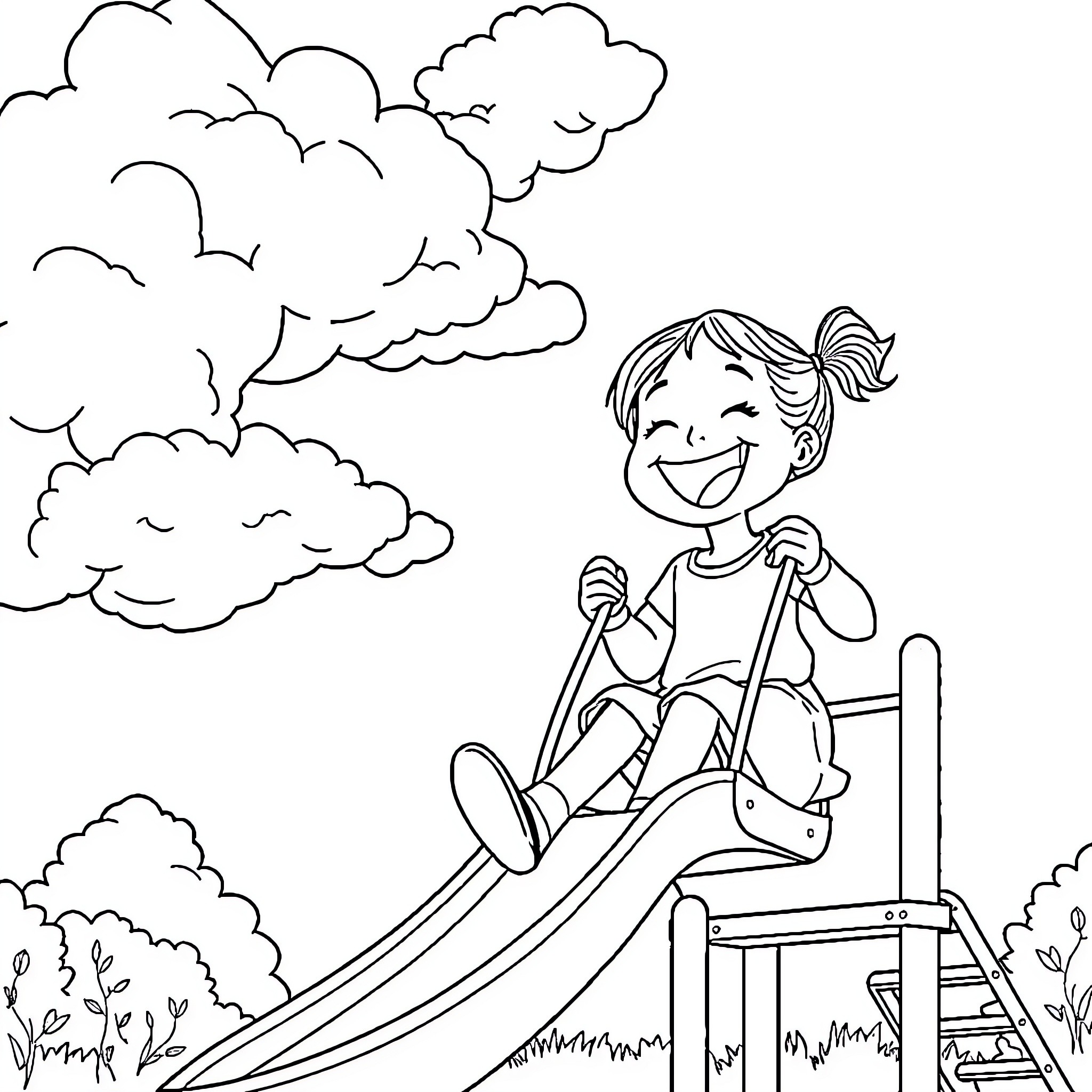 Girl playing joyfully on a playground slide Coloring Page (free black-and-white line drawing printable PDF for all, from beginners to advanced learners, including children, teens, adults, and seniors)