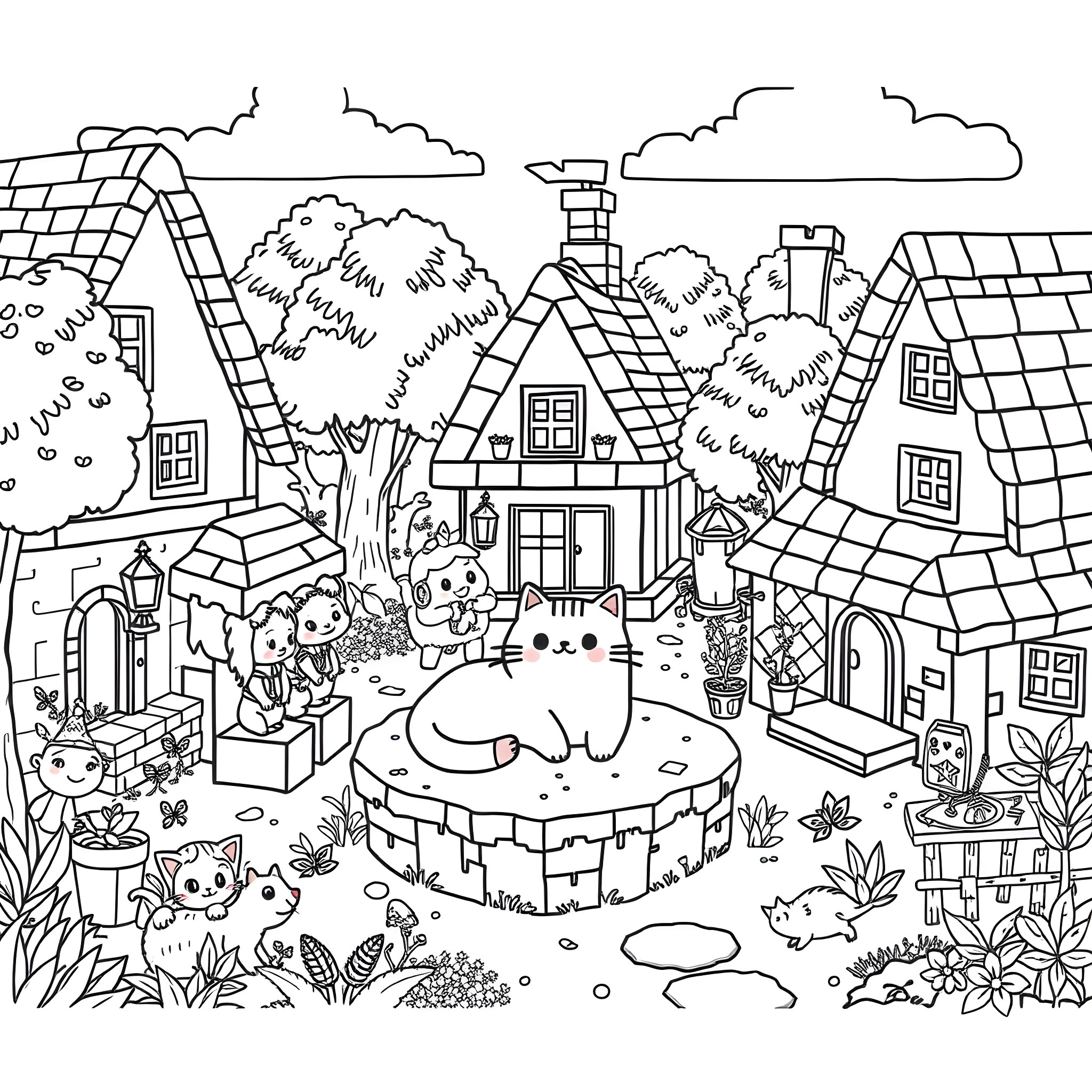 Villager's Cozy Cottage in a Charming Rural Scene Coloring Page (free black-and-white line drawing printable PDF for all, from beginners to advanced learners, including children, teens, adults, and seniors)