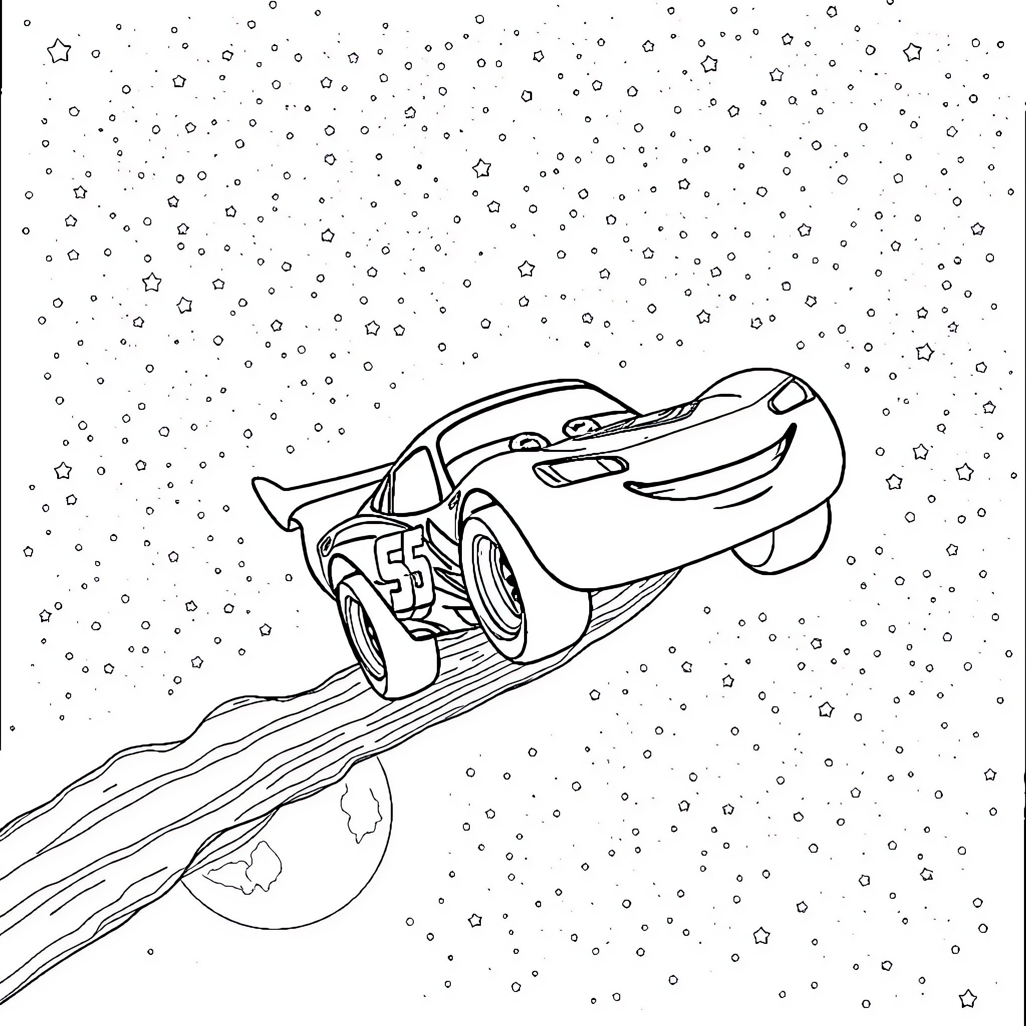 Lightning McQueen racing through a snowy landscape Coloring Page (free black-and-white line drawing printable PDF for all, from beginners to advanced learners, including children, teens, adults, and seniors)