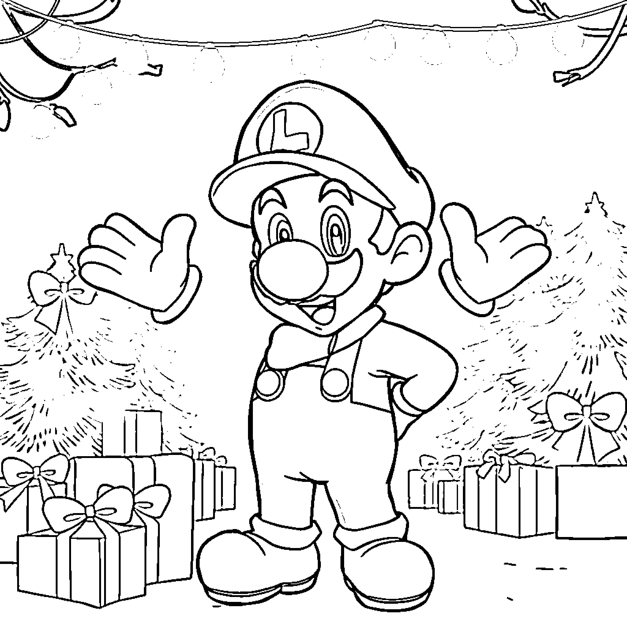Luigi celebrates Christmas with gifts and cheer Coloring Page (free black-and-white line drawing printable PDF for all, from beginners to advanced learners, including children, teens, adults, and seniors)