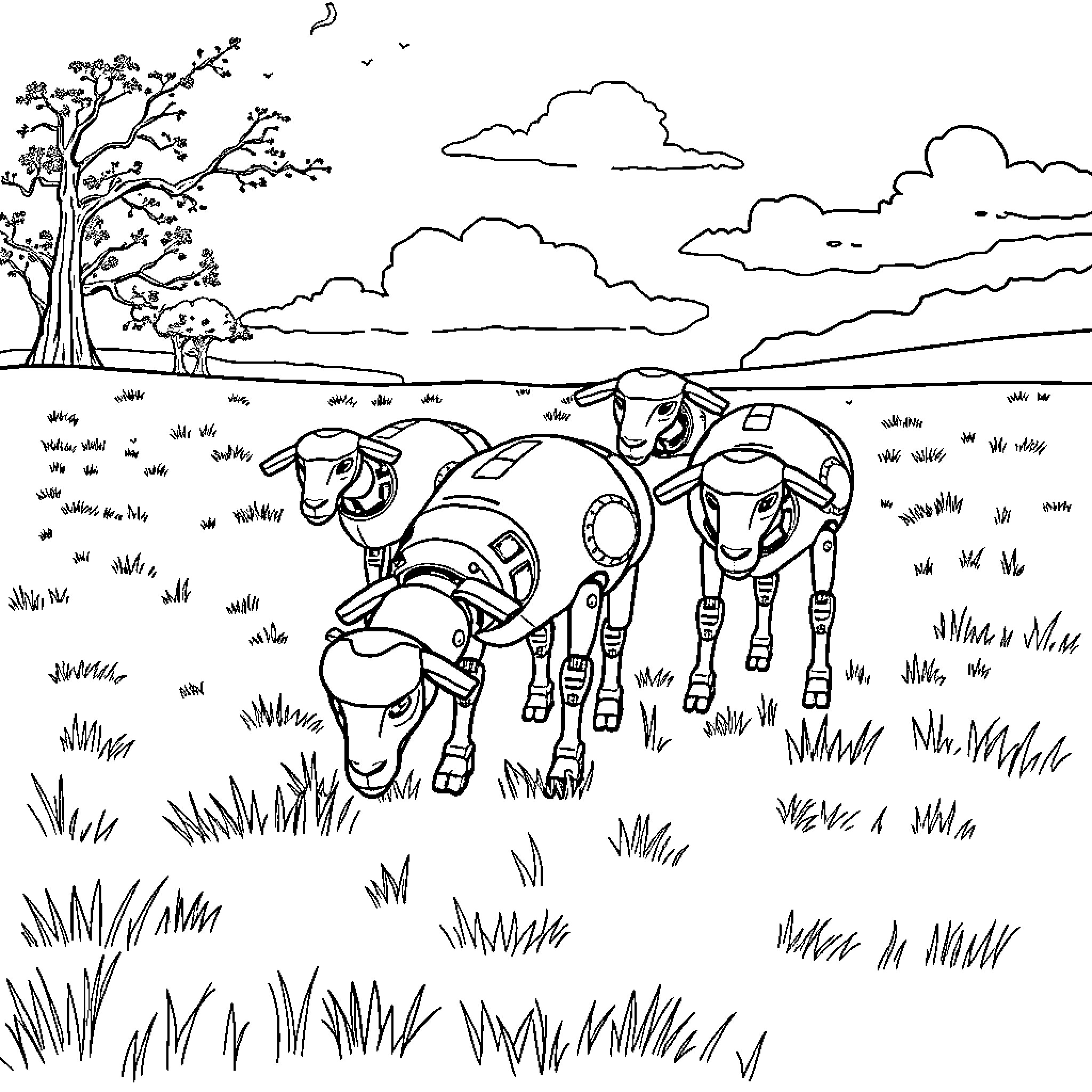 Sheep herding in a pastoral landscape Coloring Page (free black-and-white line drawing printable PDF for all, from beginners to advanced learners, including children, teens, adults, and seniors)