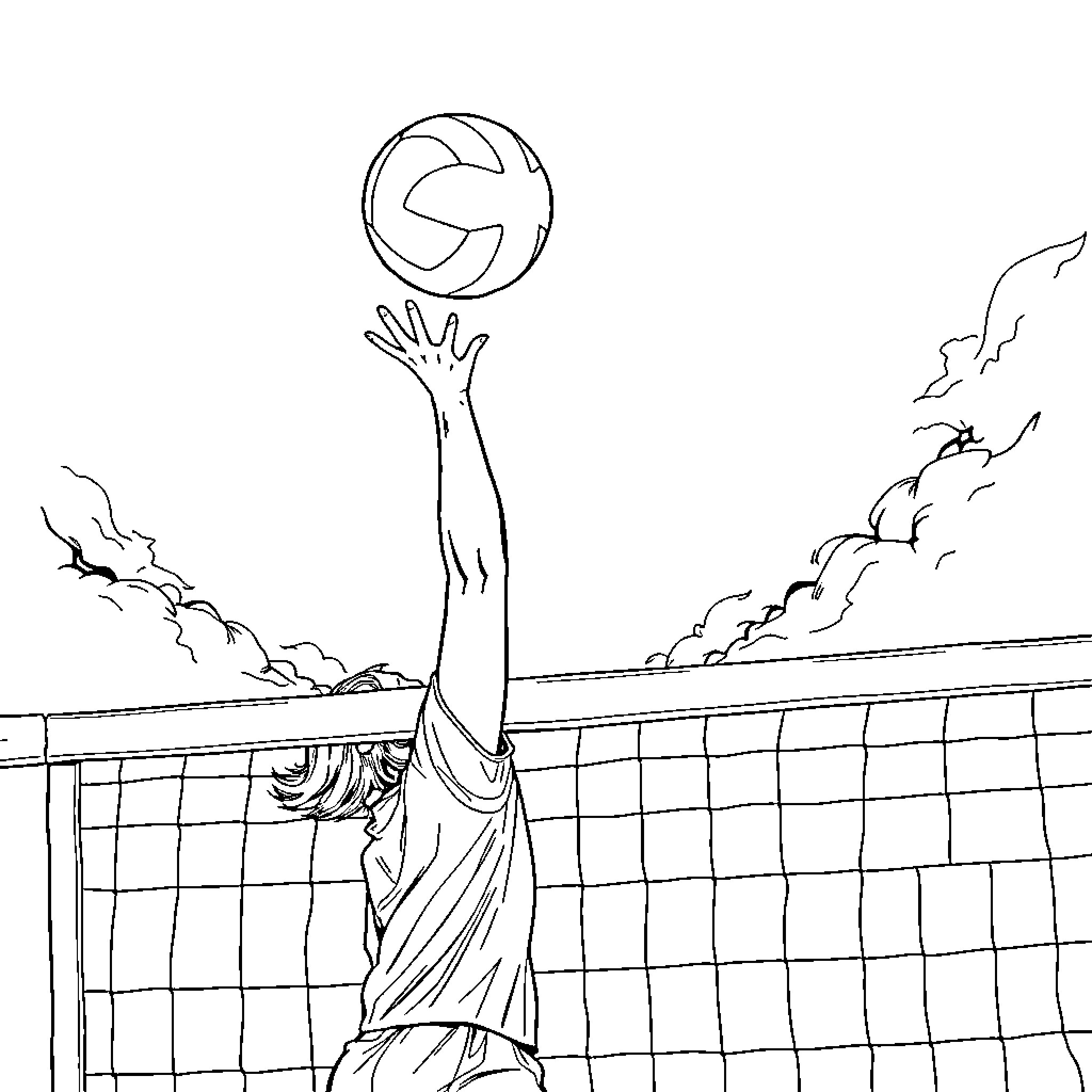 Volleyball player reaching for spike at sunset Coloring Page (free black-and-white line drawing printable PDF for all, from beginners to advanced learners, including children, teens, adults, and seniors)