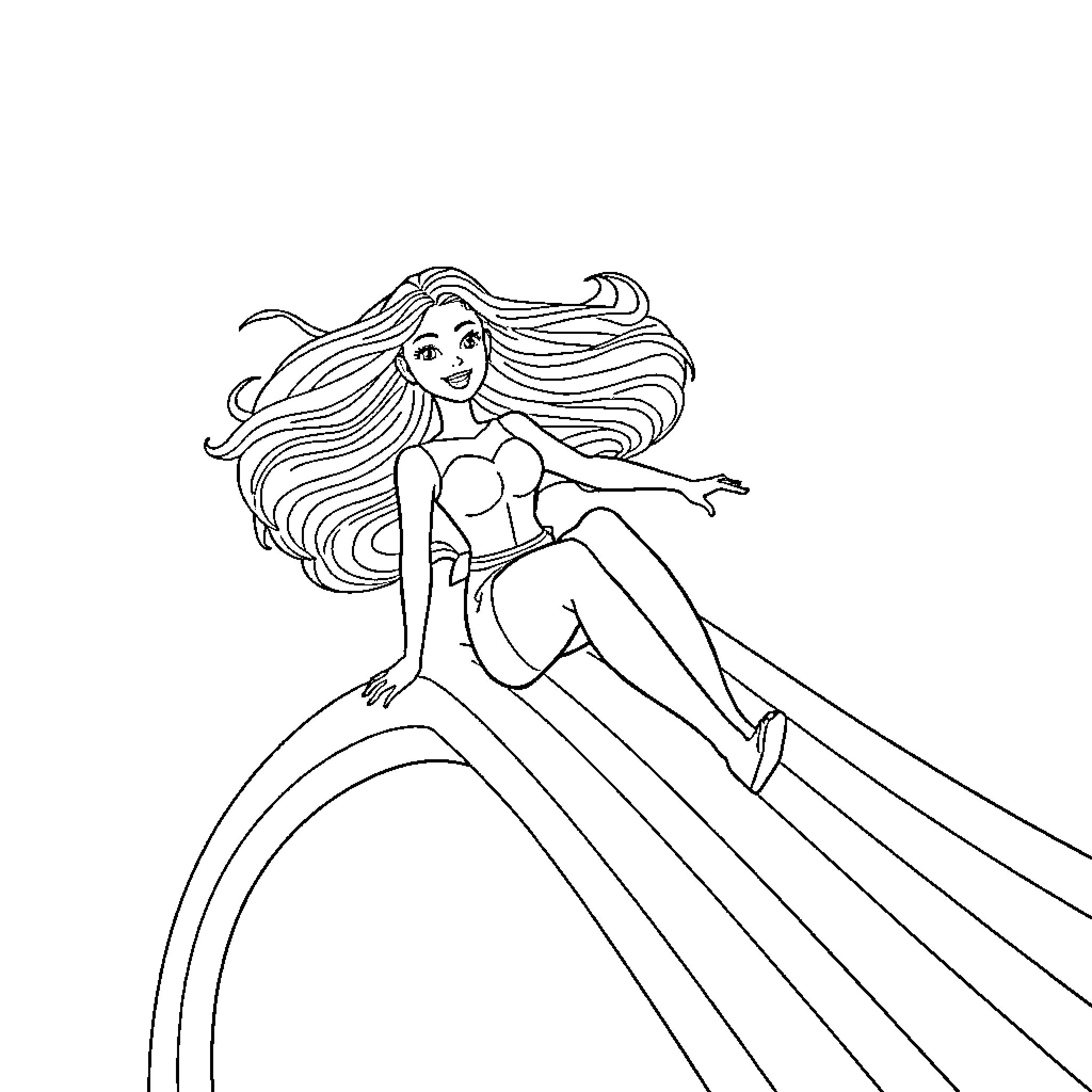 Barbie relaxing with flowing hair Coloring Page (free black-and-white line drawing printable PDF for all, from beginners to advanced learners, including children, teens, adults, and seniors)