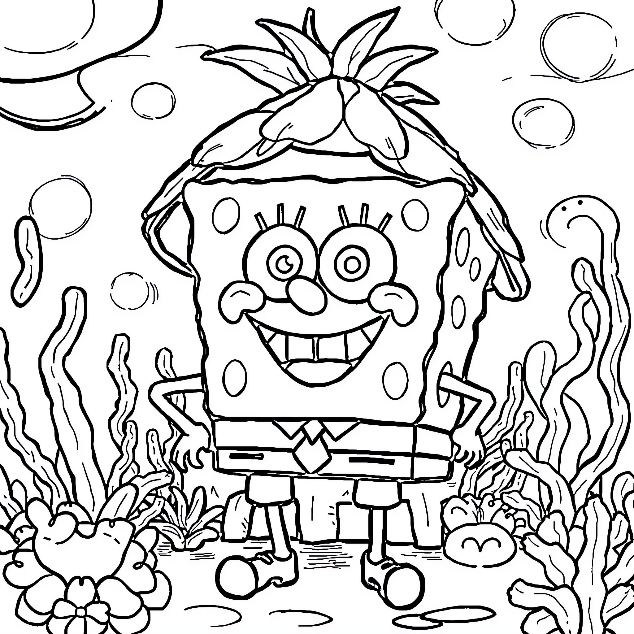 Spongebob's underwater adventure with friends Coloring Page (free black-and-white line drawing printable PDF for all, from beginners to advanced learners, including children, teens, adults, and seniors)