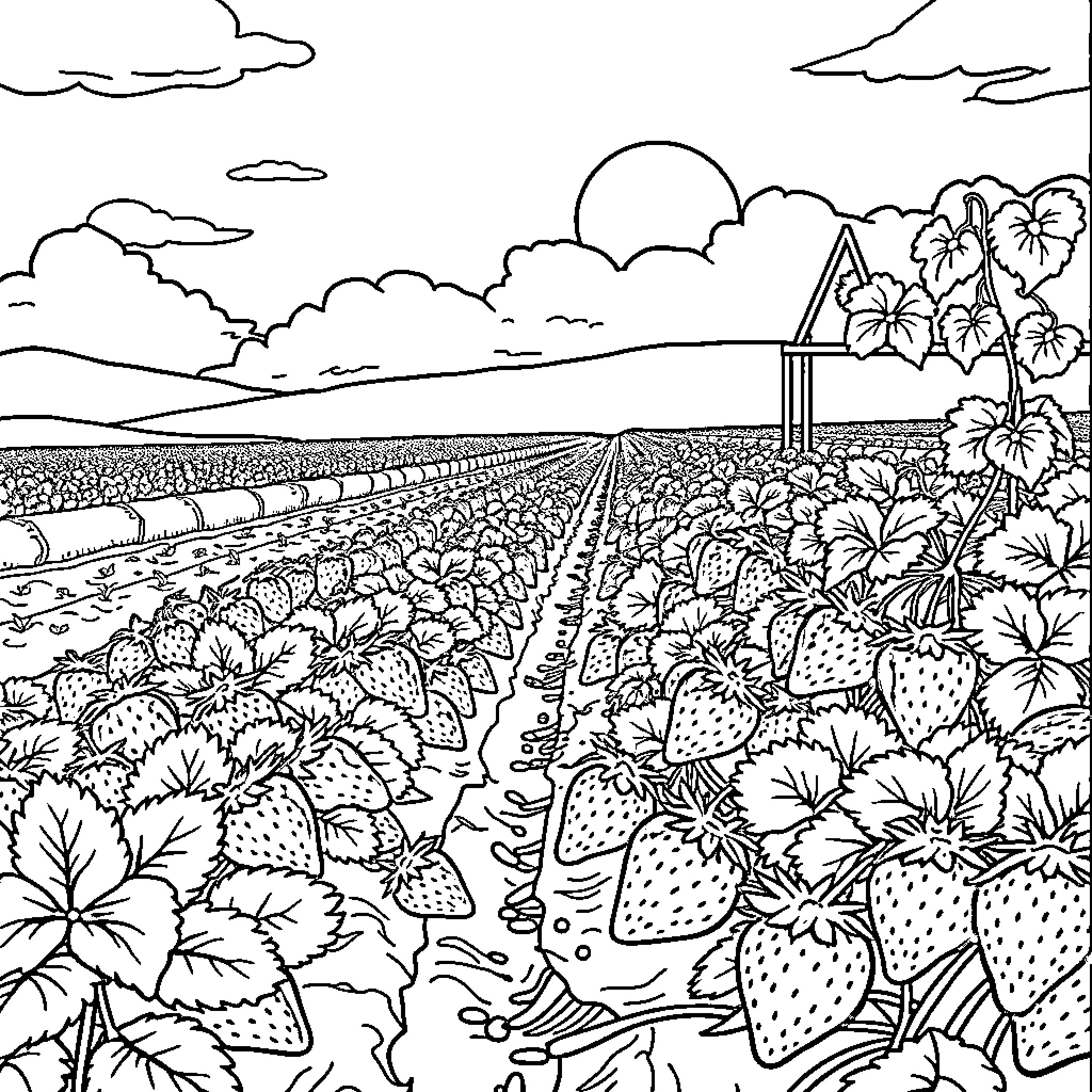Strawberry field with blooming flowers Coloring Page (free black-and-white line drawing printable PDF for all, from beginners to advanced learners, including children, teens, adults, and seniors)