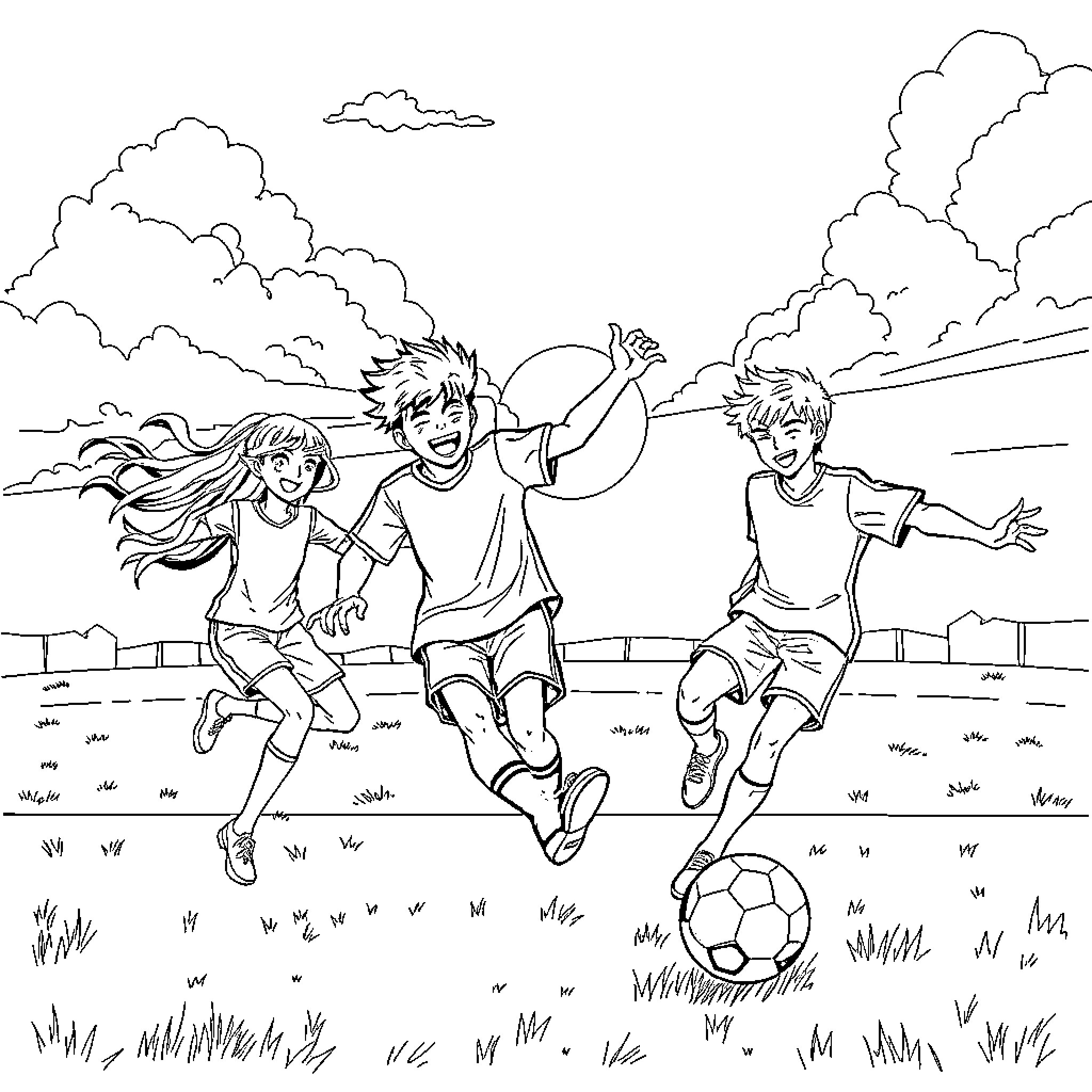 Abby and friends playing soccer outdoors Coloring Page (free black-and-white line drawing printable PDF for all, from beginners to advanced learners, including children, teens, adults, and seniors)