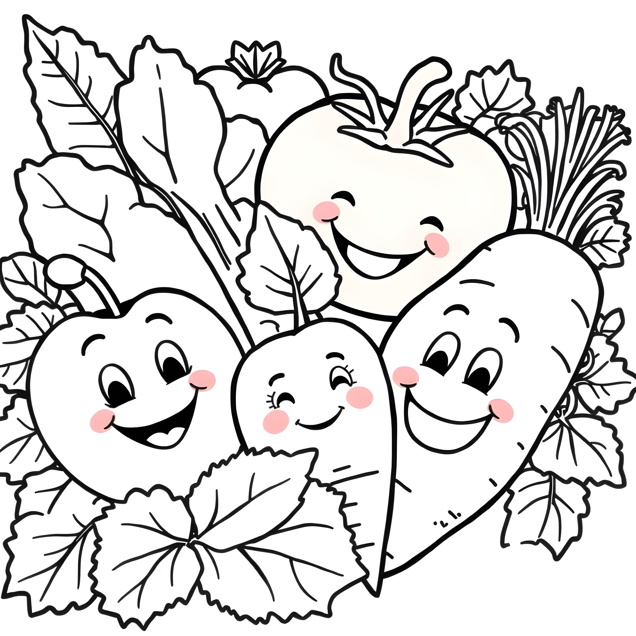 Fruit and Vegetable Buddies in Happy Garden Coloring Page (free black-and-white line drawing printable PDF for all, from beginners to advanced learners, including children, teens, adults, and seniors)