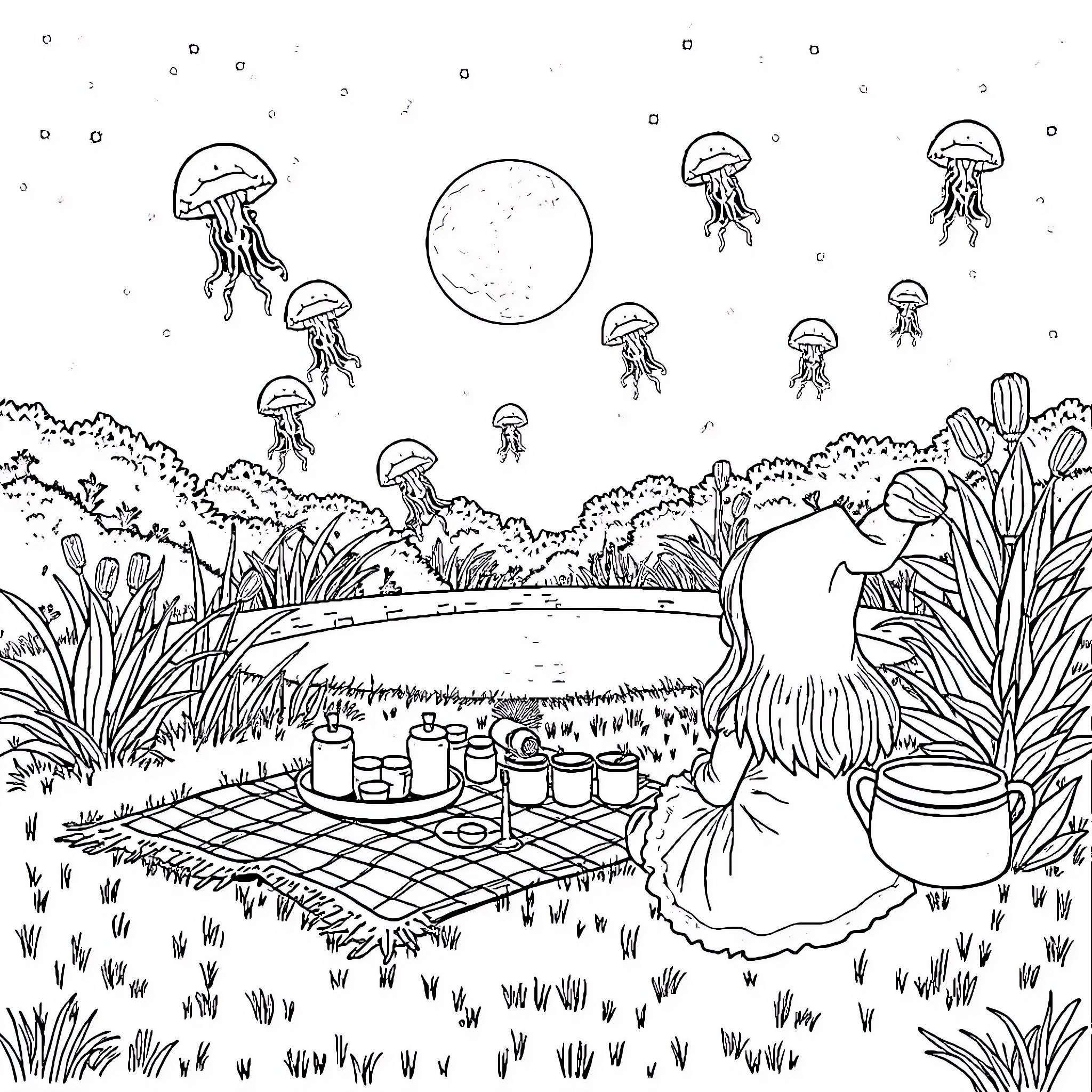 Dwarf Woman Enjoying Picnic in Whimsical Mushroom Forest Coloring Page (free black-and-white line drawing printable PDF for all, from beginners to advanced learners, including children, teens, adults, and seniors)