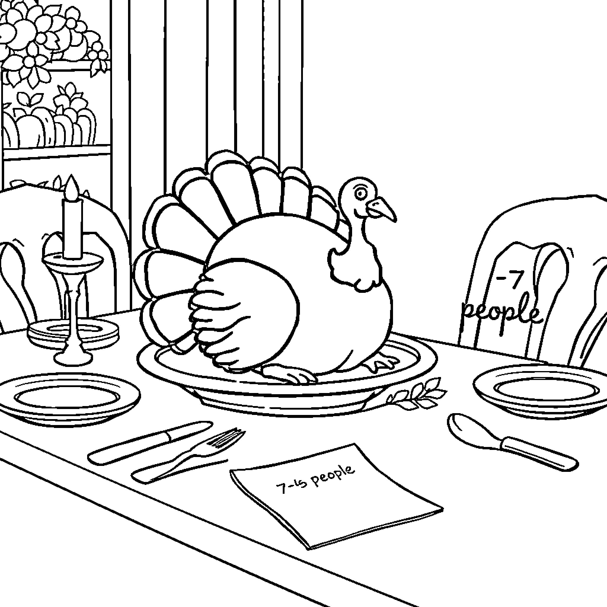 Turkey dining with guests at Thanksgiving table Coloring Page (free black-and-white line drawing printable PDF for all, from beginners to advanced learners, including children, teens, adults, and seniors)