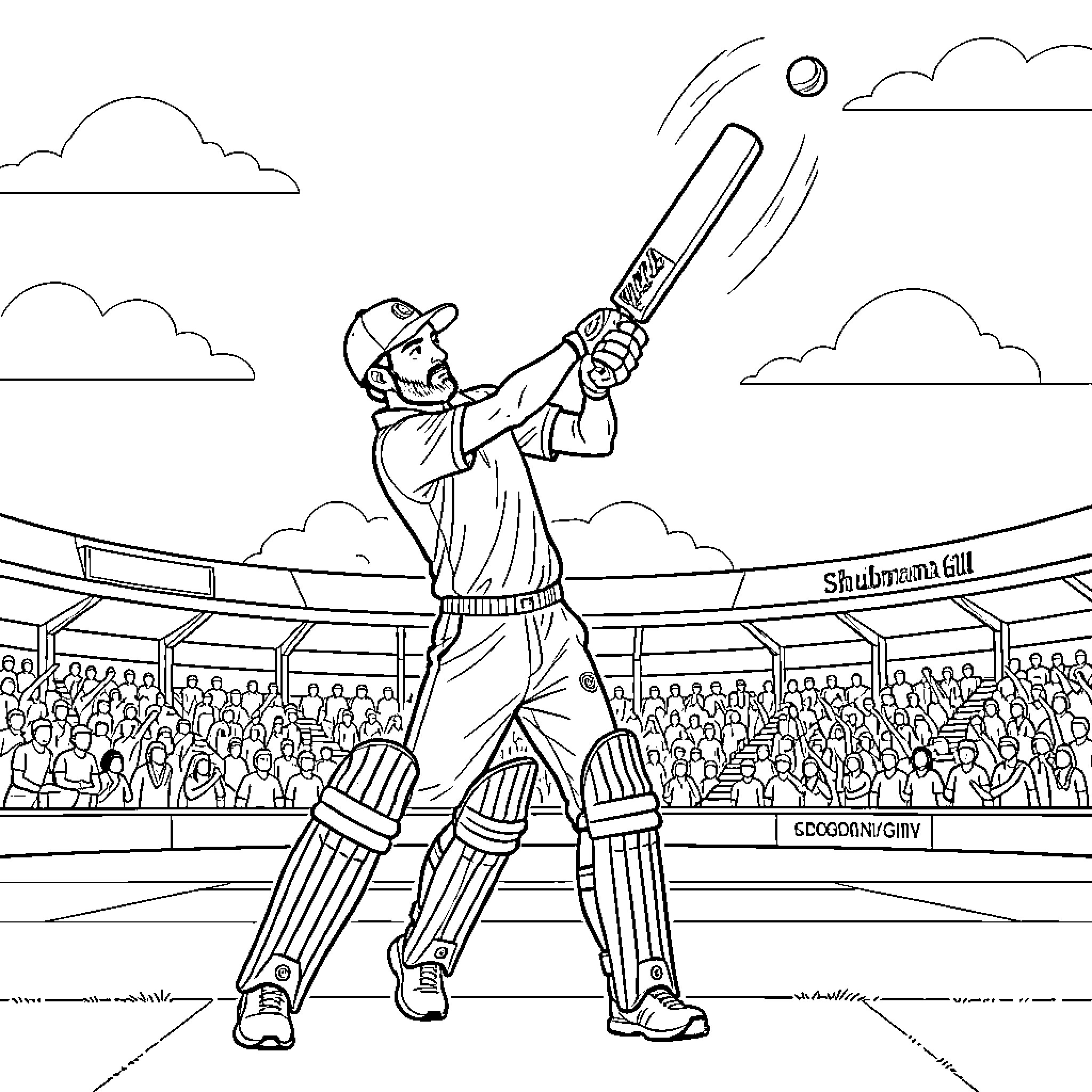 Shubman Gill playing cricket in a crowded stadium Coloring Page (free black-and-white line drawing printable PDF for all, from beginners to advanced learners, including children, teens, adults, and seniors)