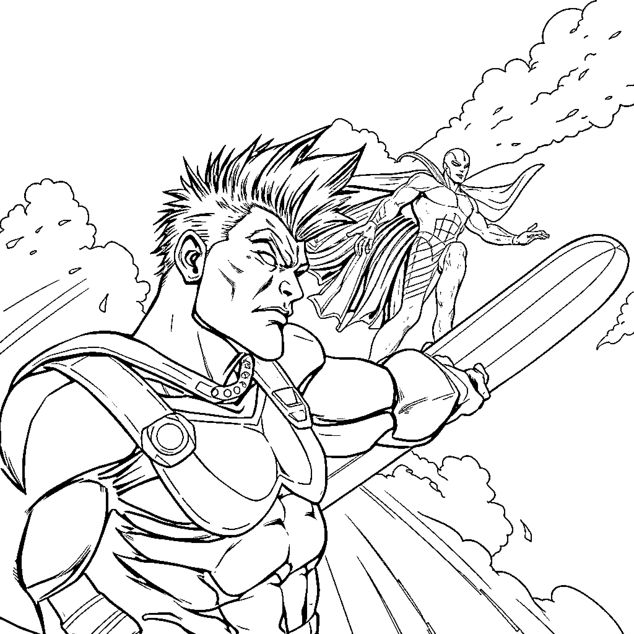 Captain Planet battling a villain in the sky Coloring Page (free black-and-white line drawing printable PDF for all, from beginners to advanced learners, including children, teens, adults, and seniors)