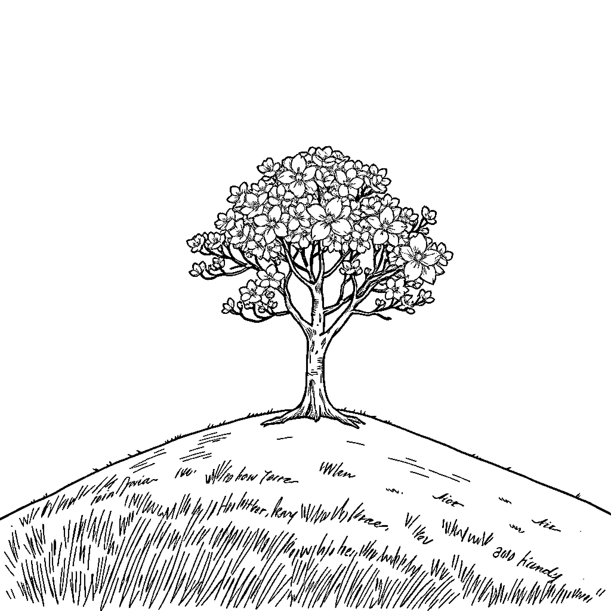 Cherry Blossom Tree on Grassy Knoll Coloring Page (free black-and-white line drawing printable PDF for all, from beginners to advanced learners, including children, teens, adults, and seniors)