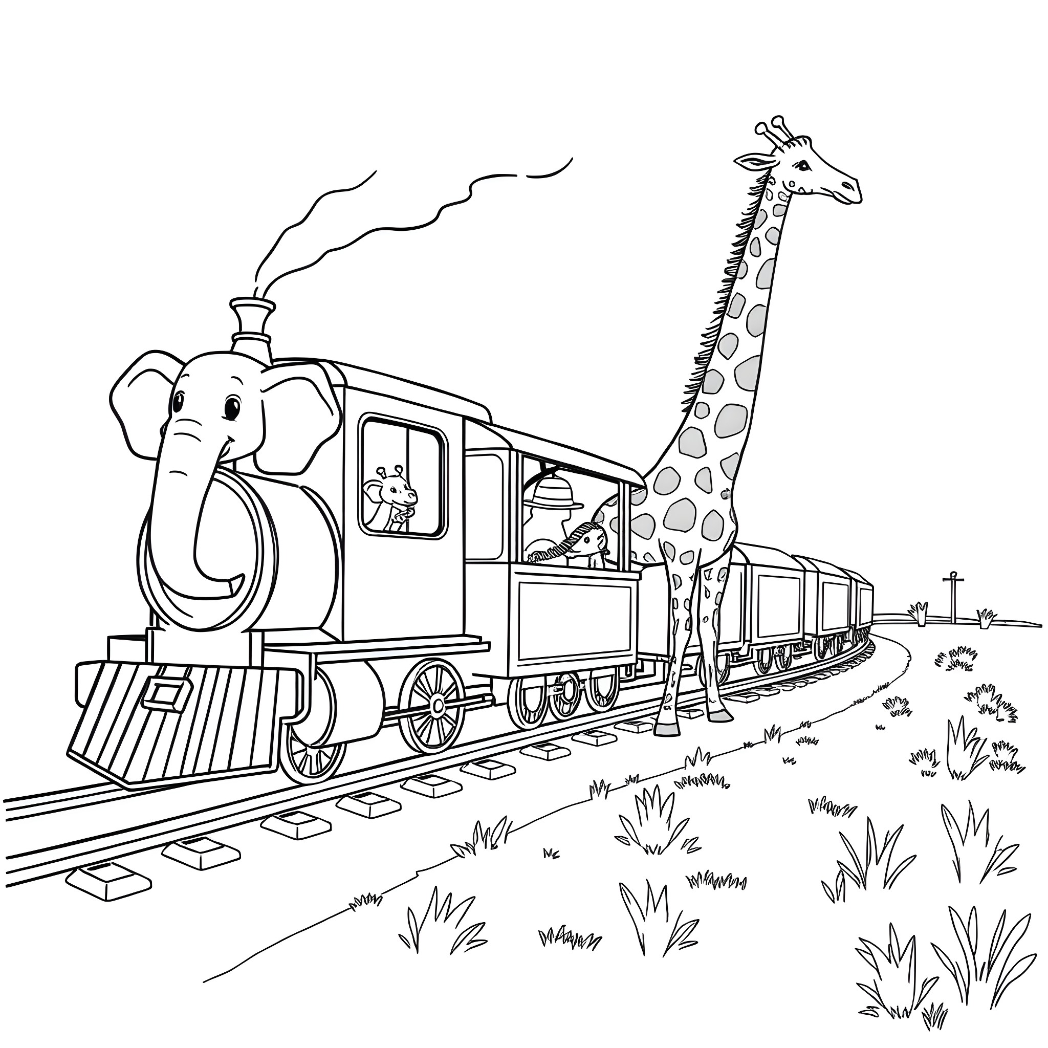Train carrying elephant and giraffe through grassy landscape Coloring Page (free black-and-white line drawing printable PDF for all, from beginners to advanced learners, including children, teens, adults, and seniors)