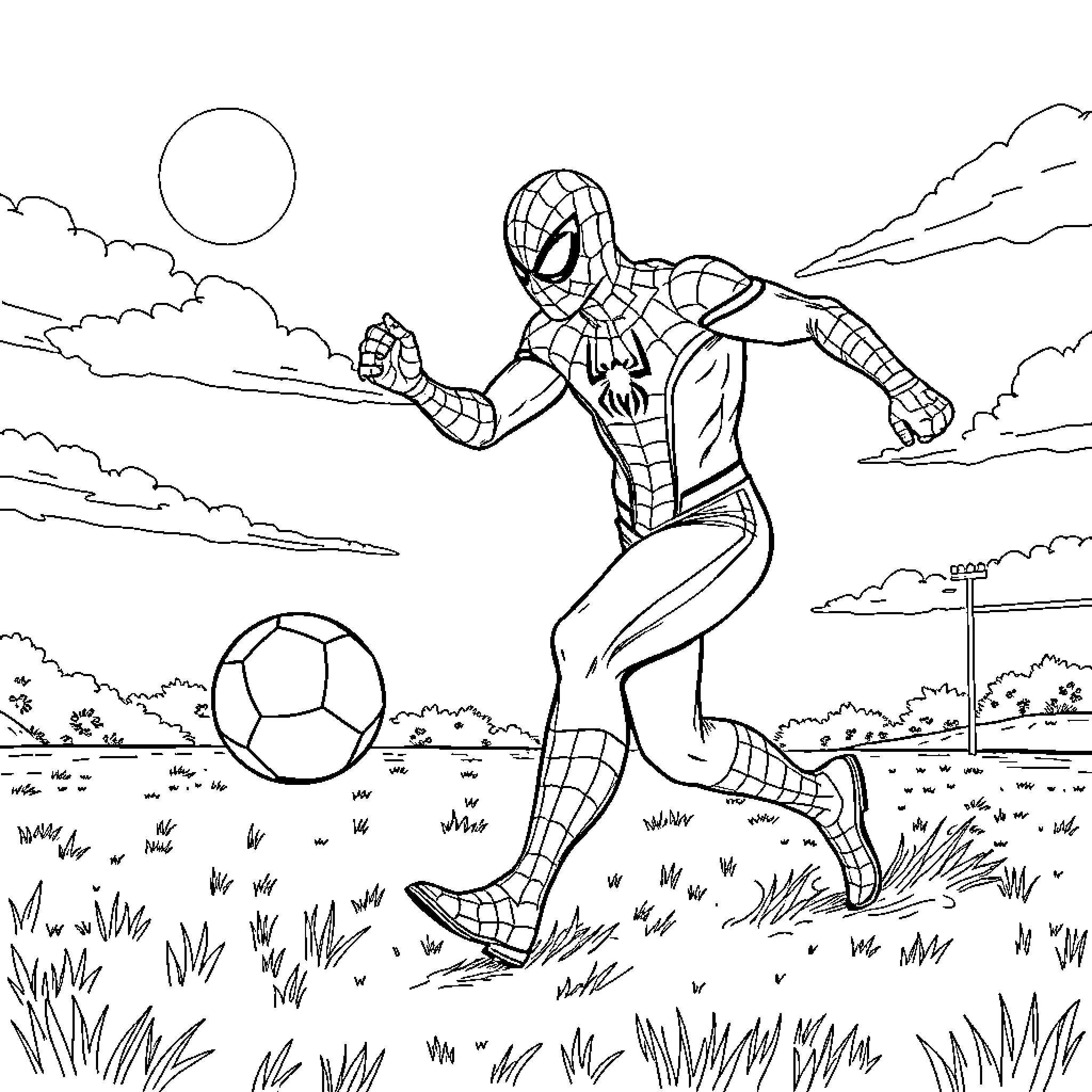 Spider-Man kicking soccer ball in outdoor field Coloring Page (free black-and-white line drawing printable PDF for all, from beginners to advanced learners, including children, teens, adults, and seniors)