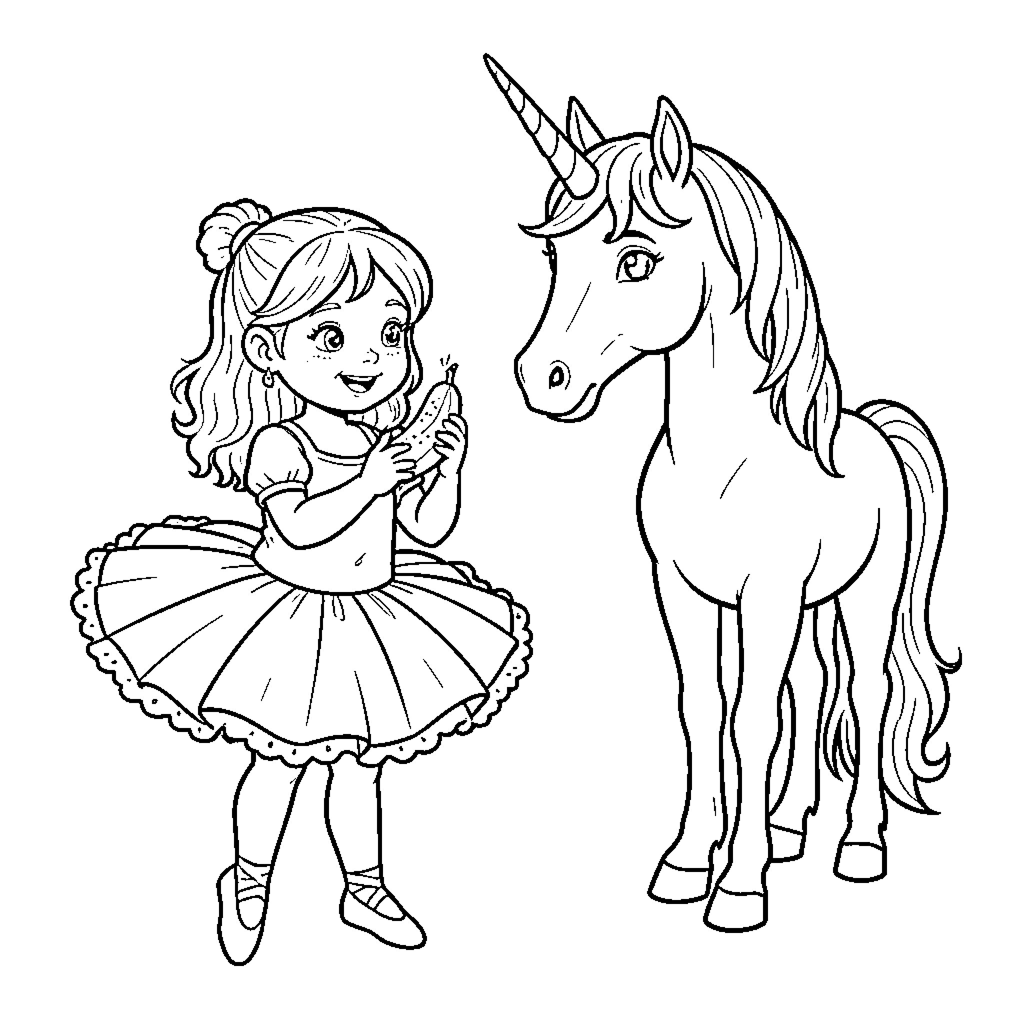 Nina's Enchanted Unicorn Companion Coloring Page (free black-and-white line drawing printable PDF for all, from beginners to advanced learners, including children, teens, adults, and seniors)