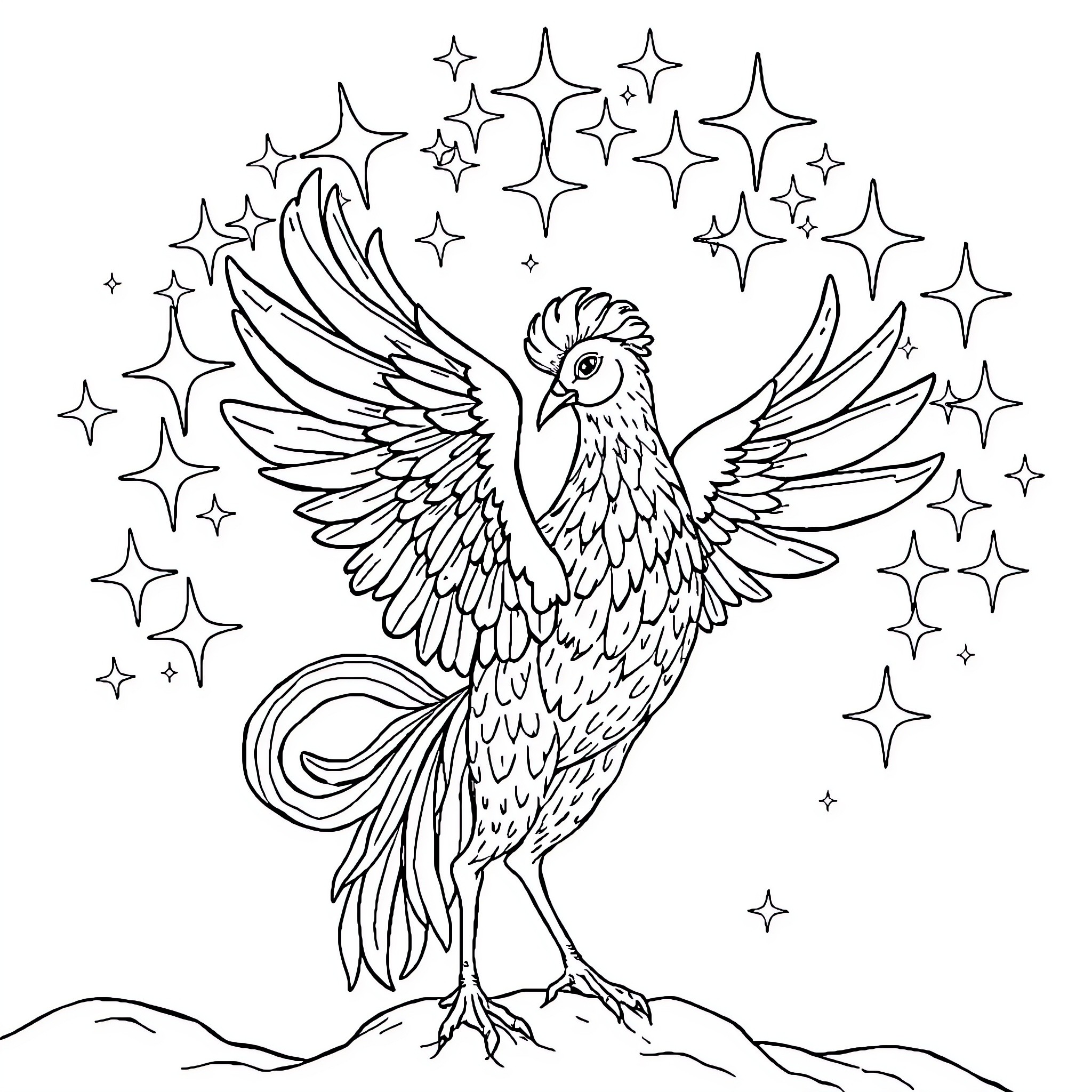 Phoenix soaring amidst twinkling stars Coloring Page (free black-and-white line drawing printable PDF for all, from beginners to advanced learners, including children, teens, adults, and seniors)