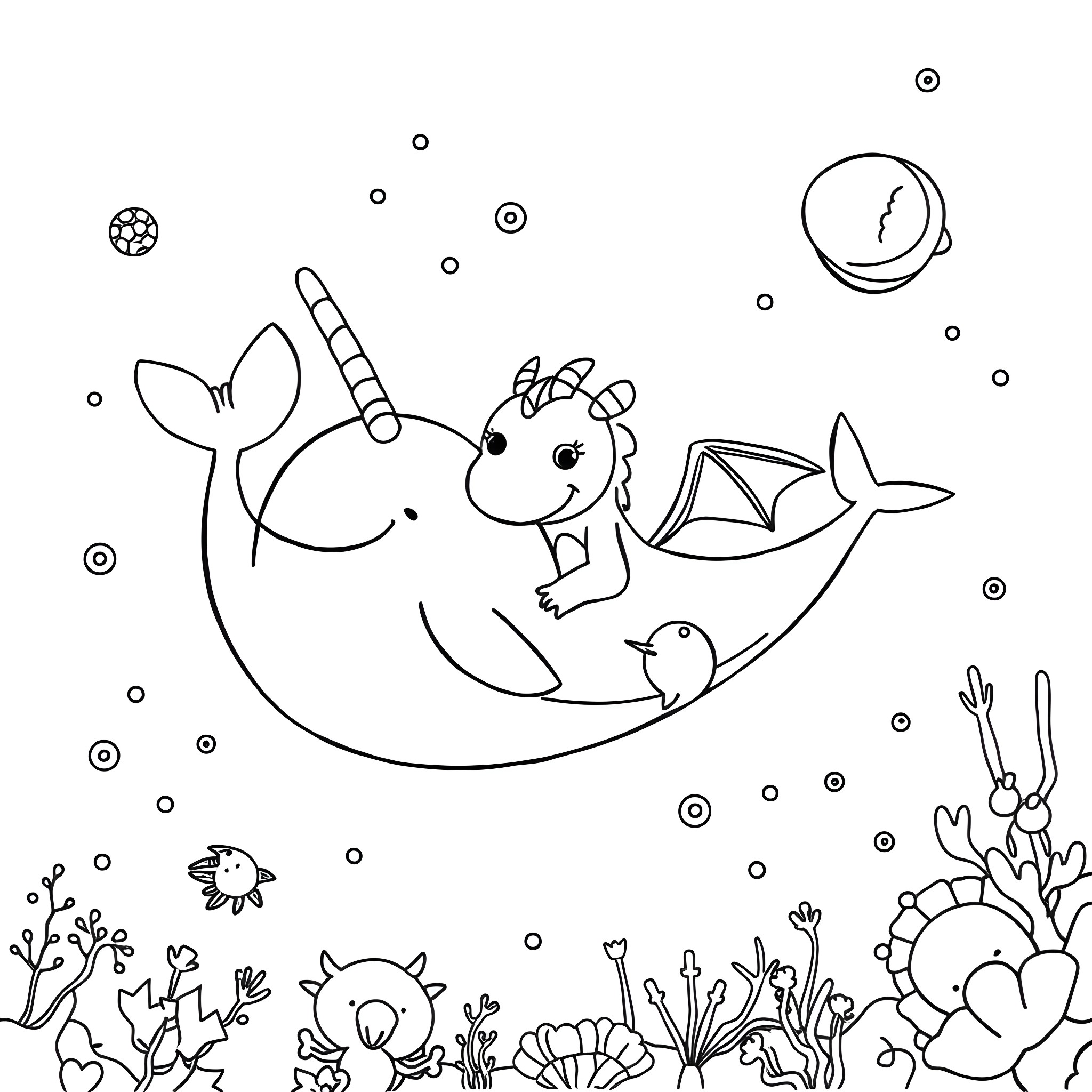 Narwhal exploring the underwater world Coloring Page (free black-and-white line drawing printable PDF for all, from beginners to advanced learners, including children, teens, adults, and seniors)