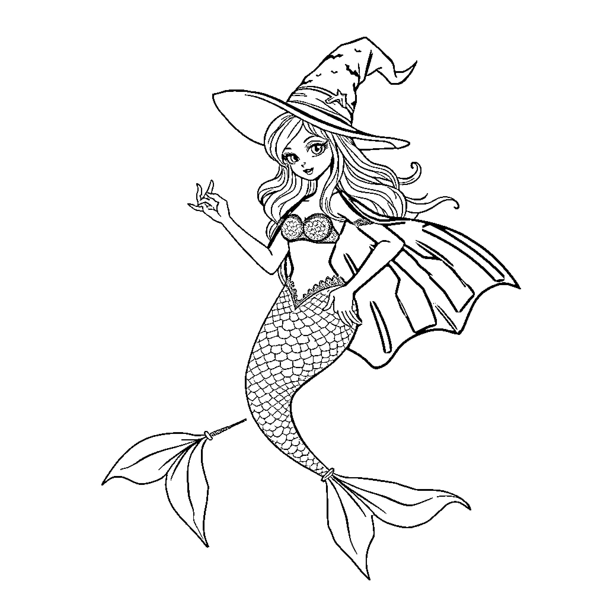 Mermaid witch casting a magical spell Coloring Page (free black-and-white line drawing printable PDF for all, from beginners to advanced learners, including children, teens, adults, and seniors)
