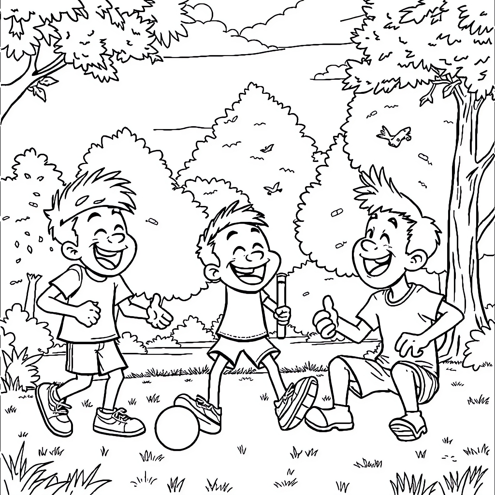 Mike Crack and Friends Enjoying Outdoor Adventure Coloring Page (free black-and-white line drawing printable PDF for all, from beginners to advanced learners, including children, teens, adults, and seniors)