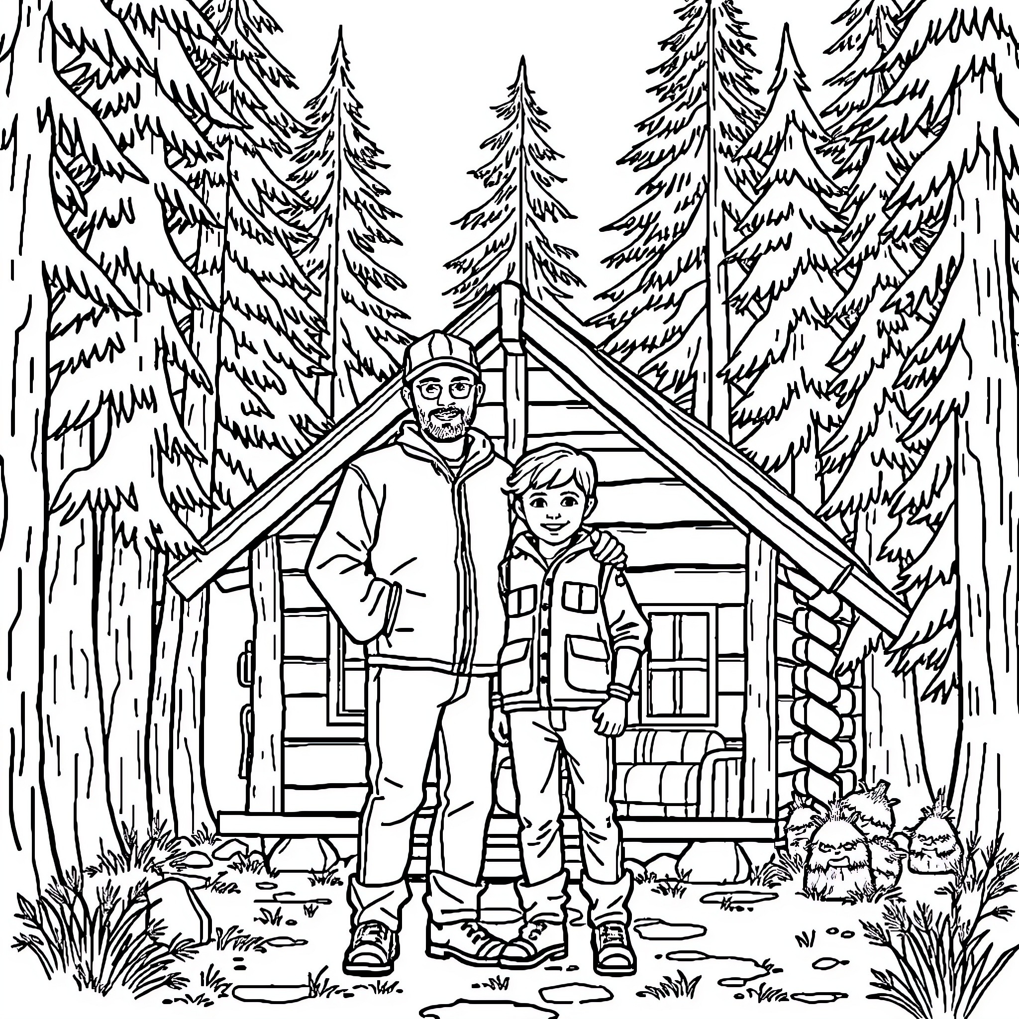 Dad and child exploring a cozy cabin in the snowy forest Coloring Page (free black-and-white line drawing printable PDF for all, from beginners to advanced learners, including children, teens, adults, and seniors)