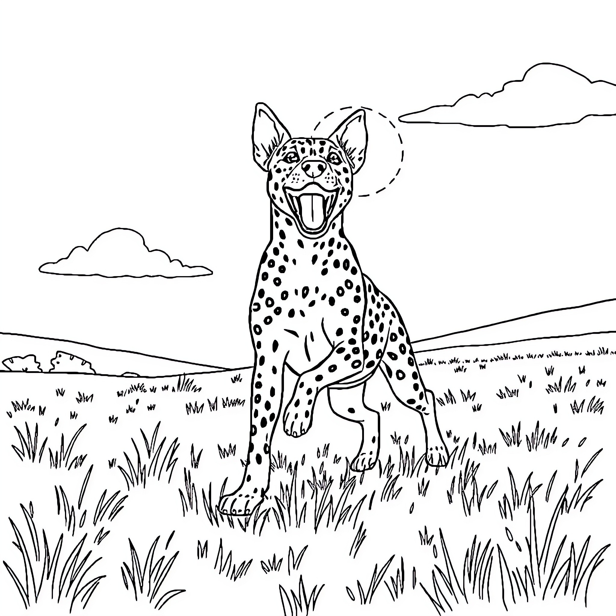 Catahoula Leopard Dog exploring the grasslands Coloring Page (free black-and-white line drawing printable PDF for all, from beginners to advanced learners, including children, teens, adults, and seniors)