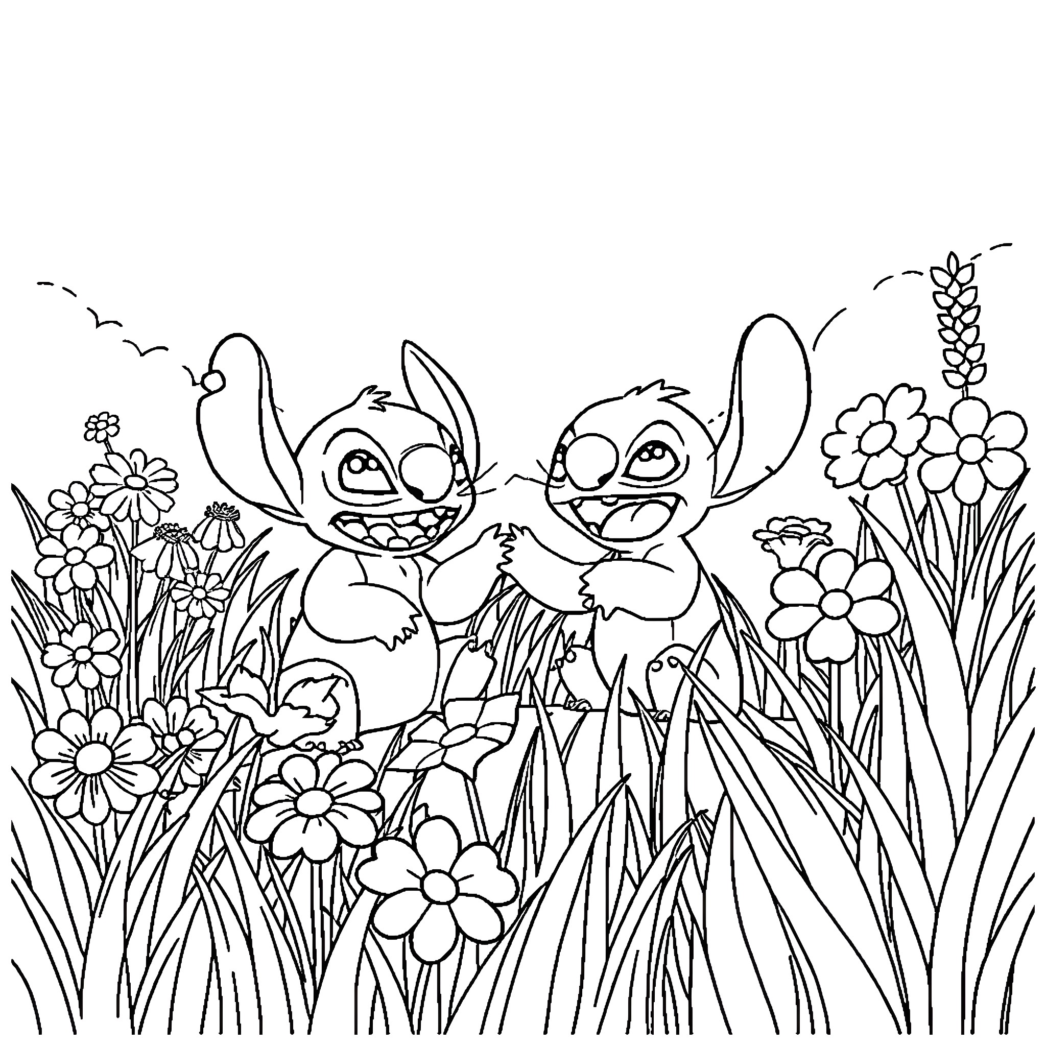 Lilo and Stitch playing in the garden Coloring Page (free black-and-white line drawing printable PDF for all, from beginners to advanced learners, including children, teens, adults, and seniors)