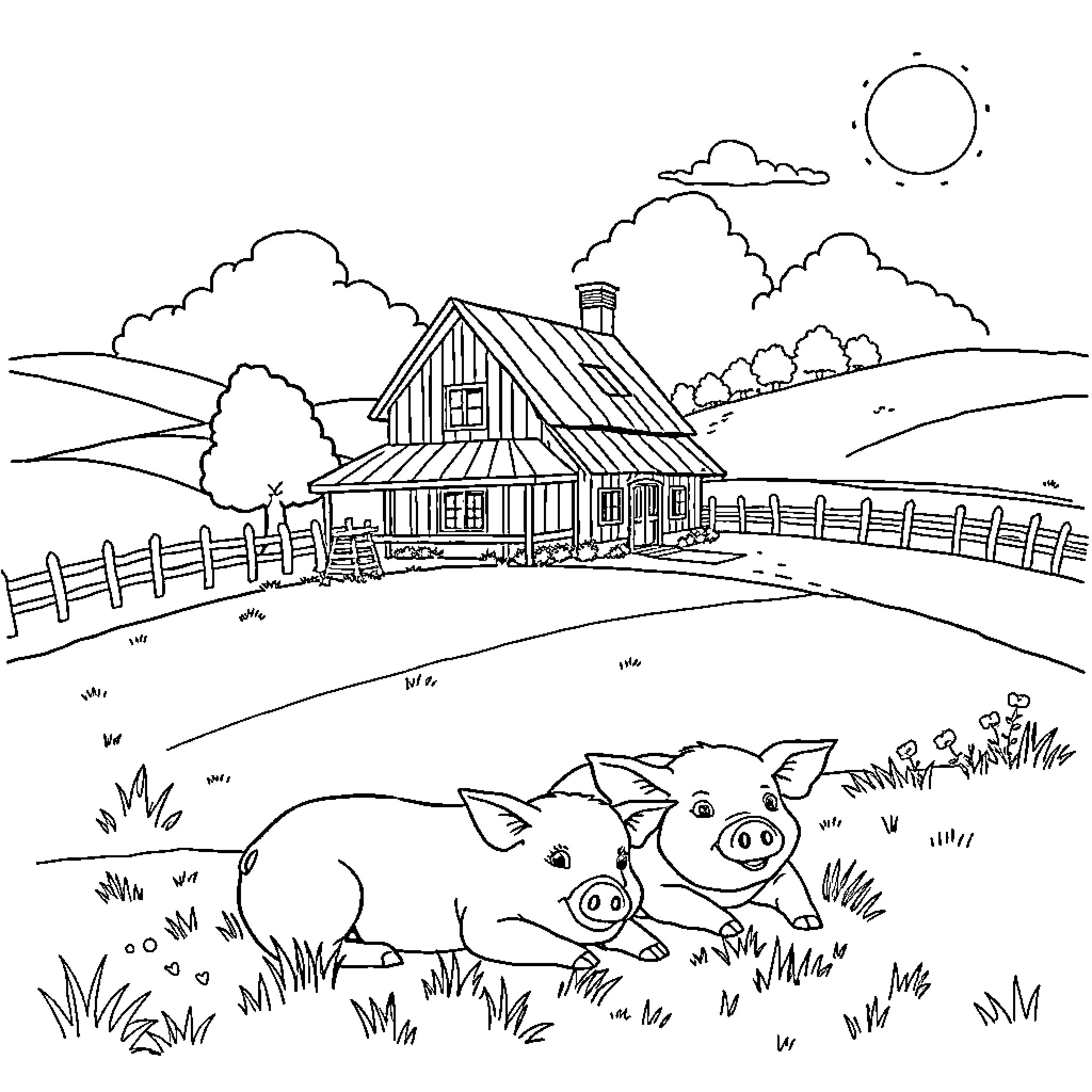 Farmhouse with playful pigs in pastoral scene Coloring Page (free black-and-white line drawing printable PDF for all, from beginners to advanced learners, including children, teens, adults, and seniors)