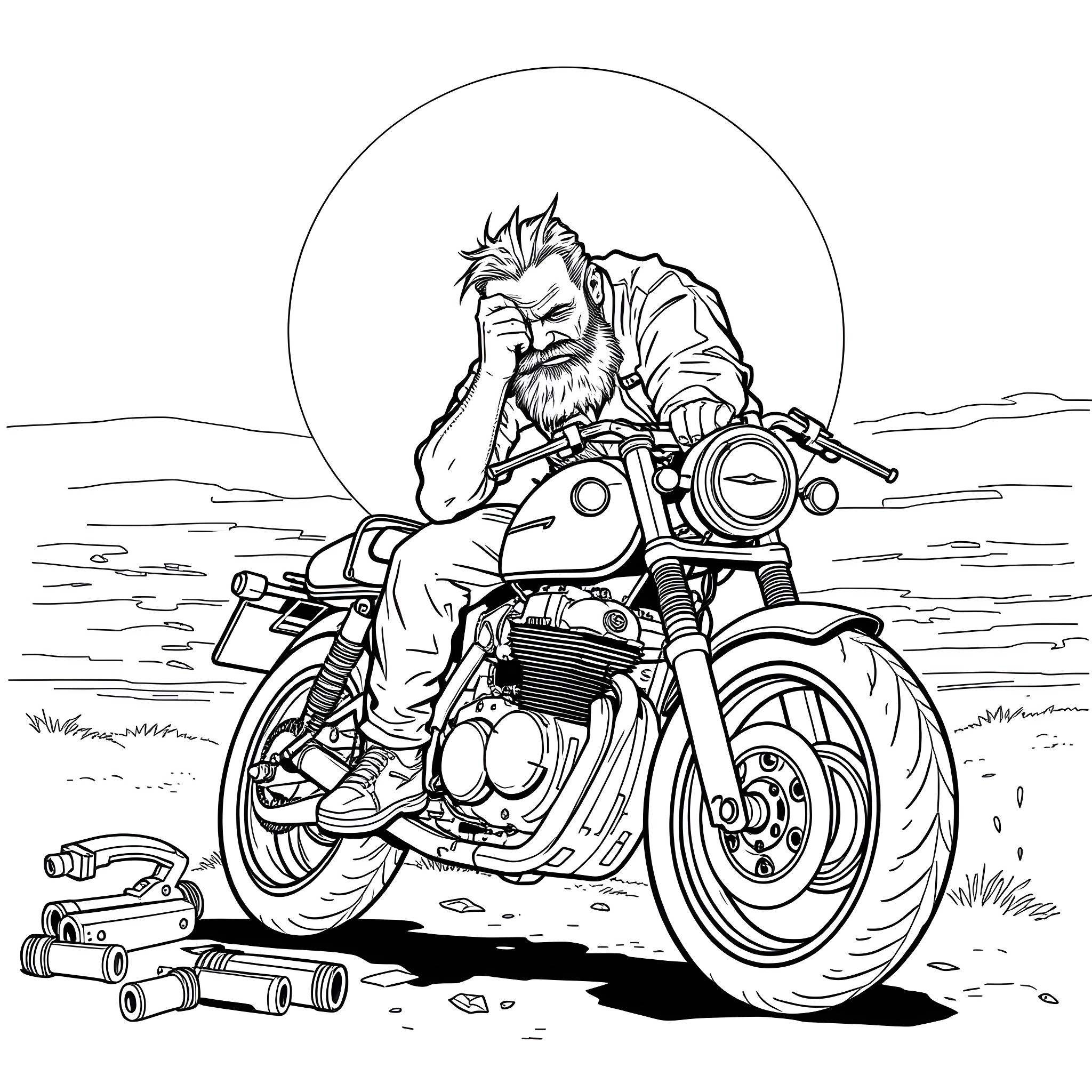 Man riding motorcycle in solitude on open road Coloring Page (free black-and-white line drawing printable PDF for all, from beginners to advanced learners, including children, teens, adults, and seniors)