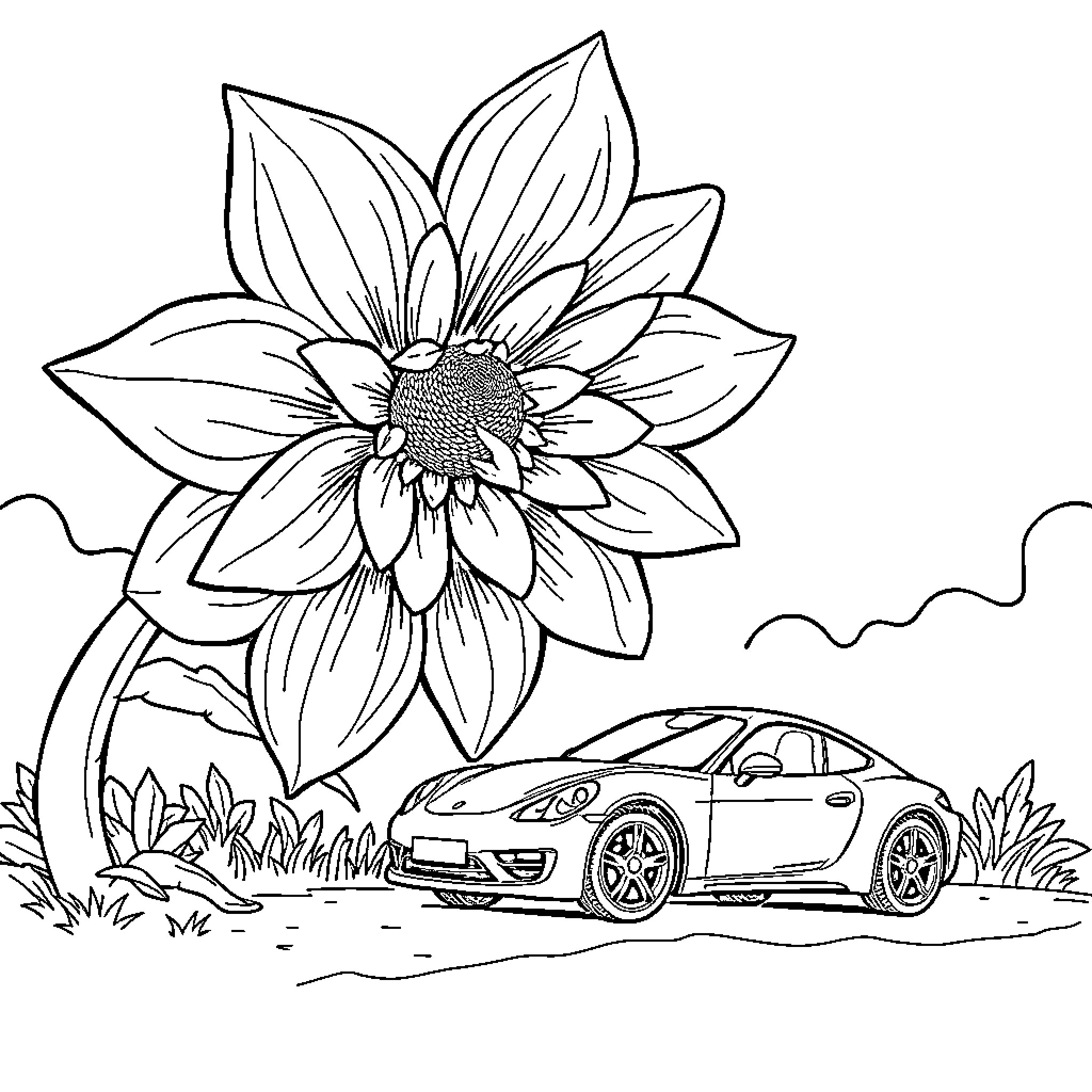 Flower blooming in scenic landscape with car Coloring Page (free black-and-white line drawing printable PDF for all, from beginners to advanced learners, including children, teens, adults, and seniors)