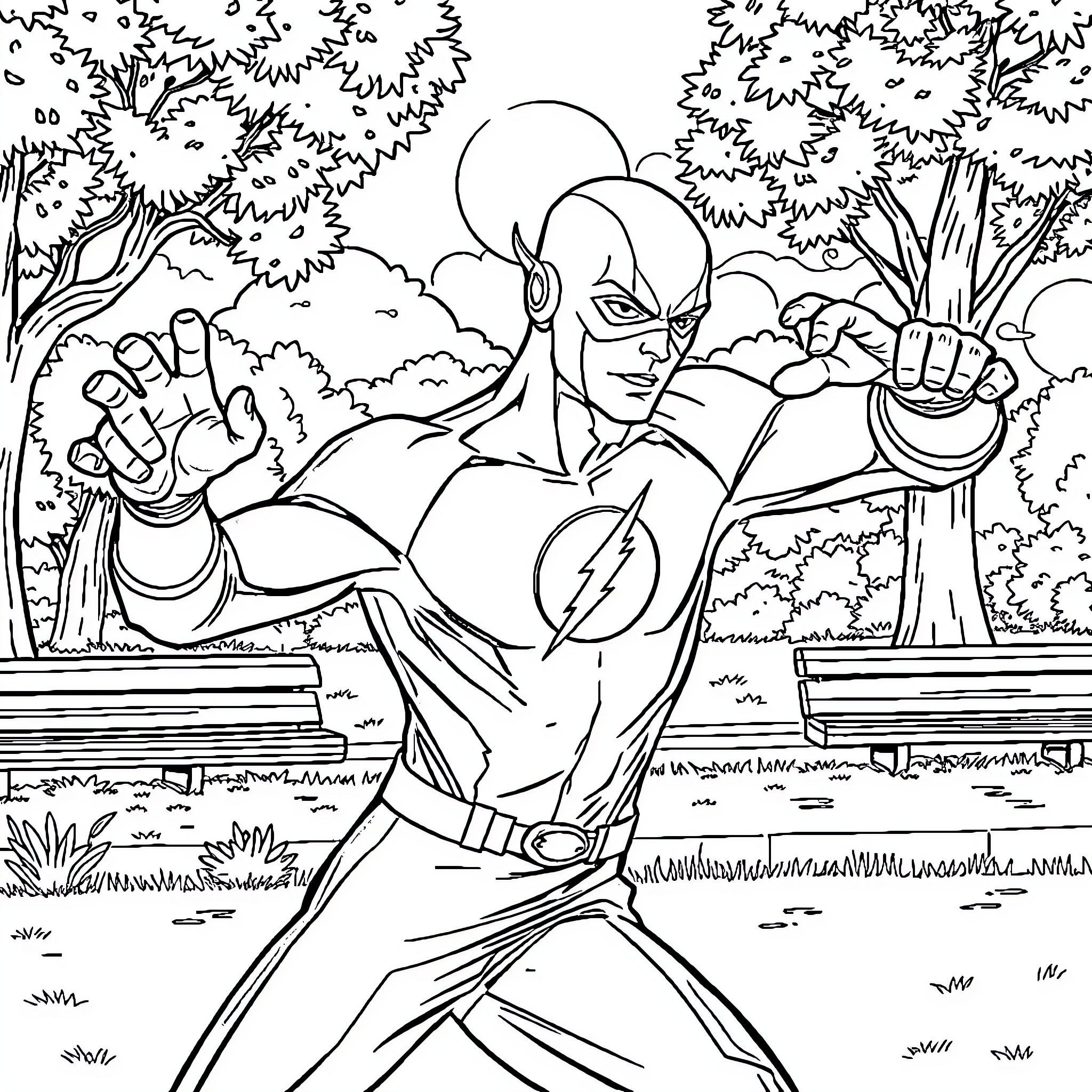 Flash in Action: Superhero Strikes a Pose Coloring Page (free black-and-white line drawing printable PDF for all, from beginners to advanced learners, including children, teens, adults, and seniors)