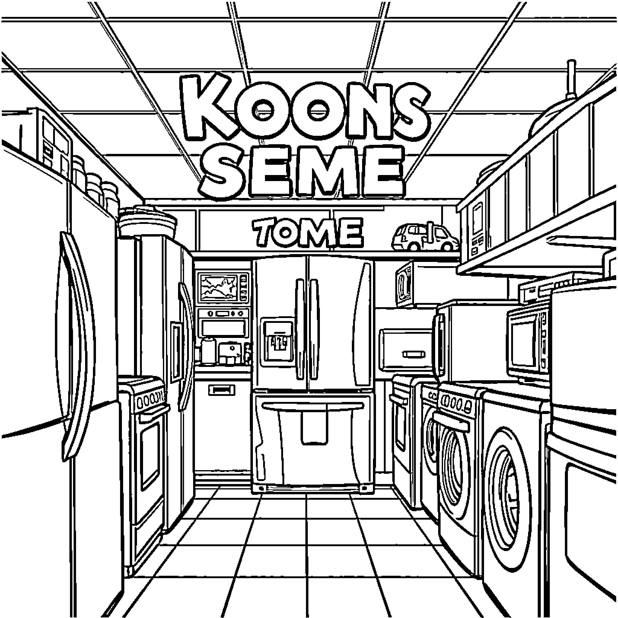 Appliance store with various household goods Coloring Page (free black-and-white line drawing printable PDF for all, from beginners to advanced learners, including children, teens, adults, and seniors)