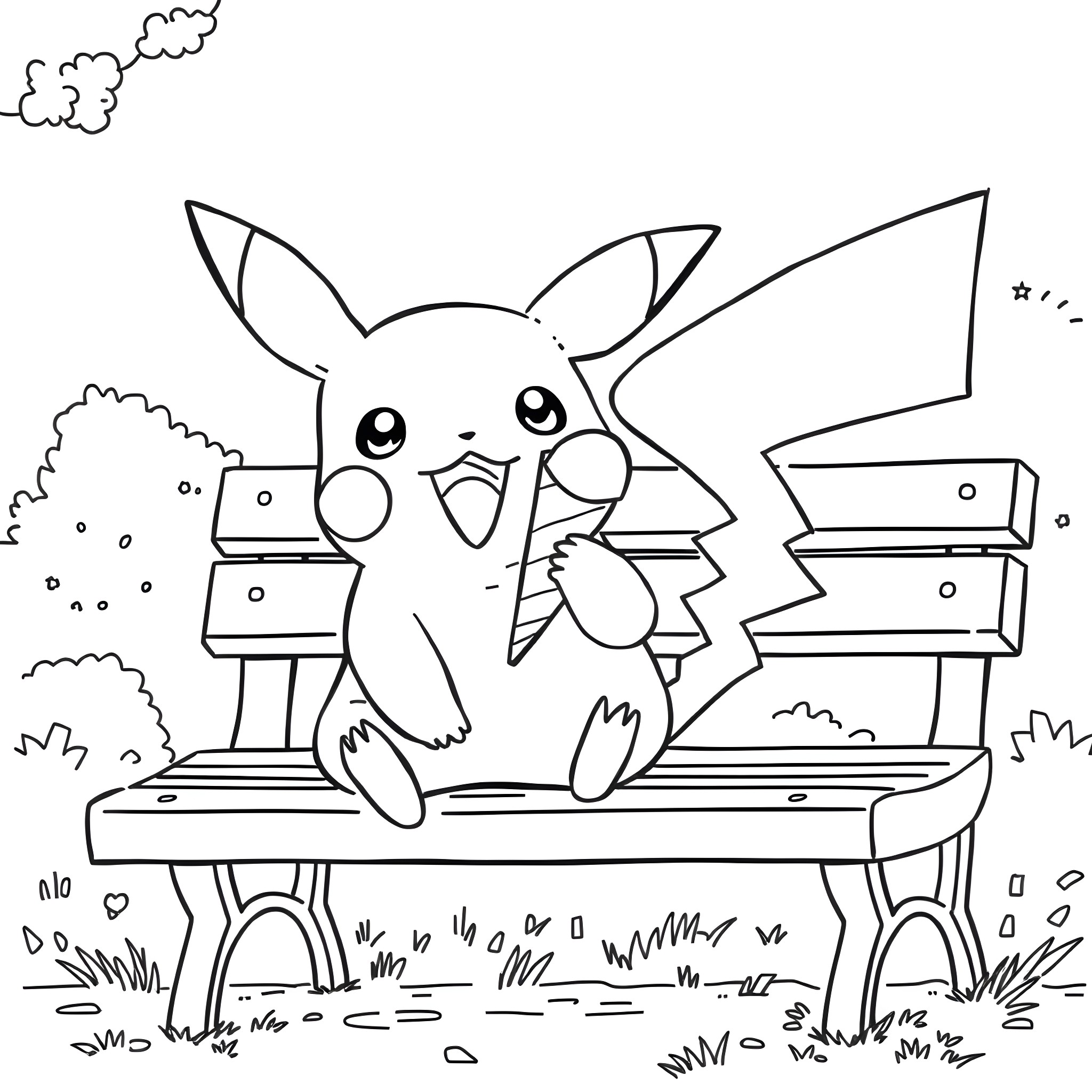 Pikachu happily posing on a bench in a nature scene Coloring Page (free black-and-white line drawing printable PDF for all, from beginners to advanced learners, including children, teens, adults, and seniors)