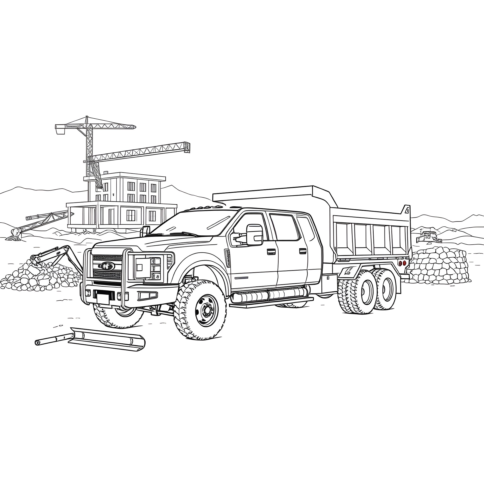 Truck hauling construction materials on site Coloring Page (free black-and-white line drawing printable PDF for all, from beginners to advanced learners, including children, teens, adults, and seniors)