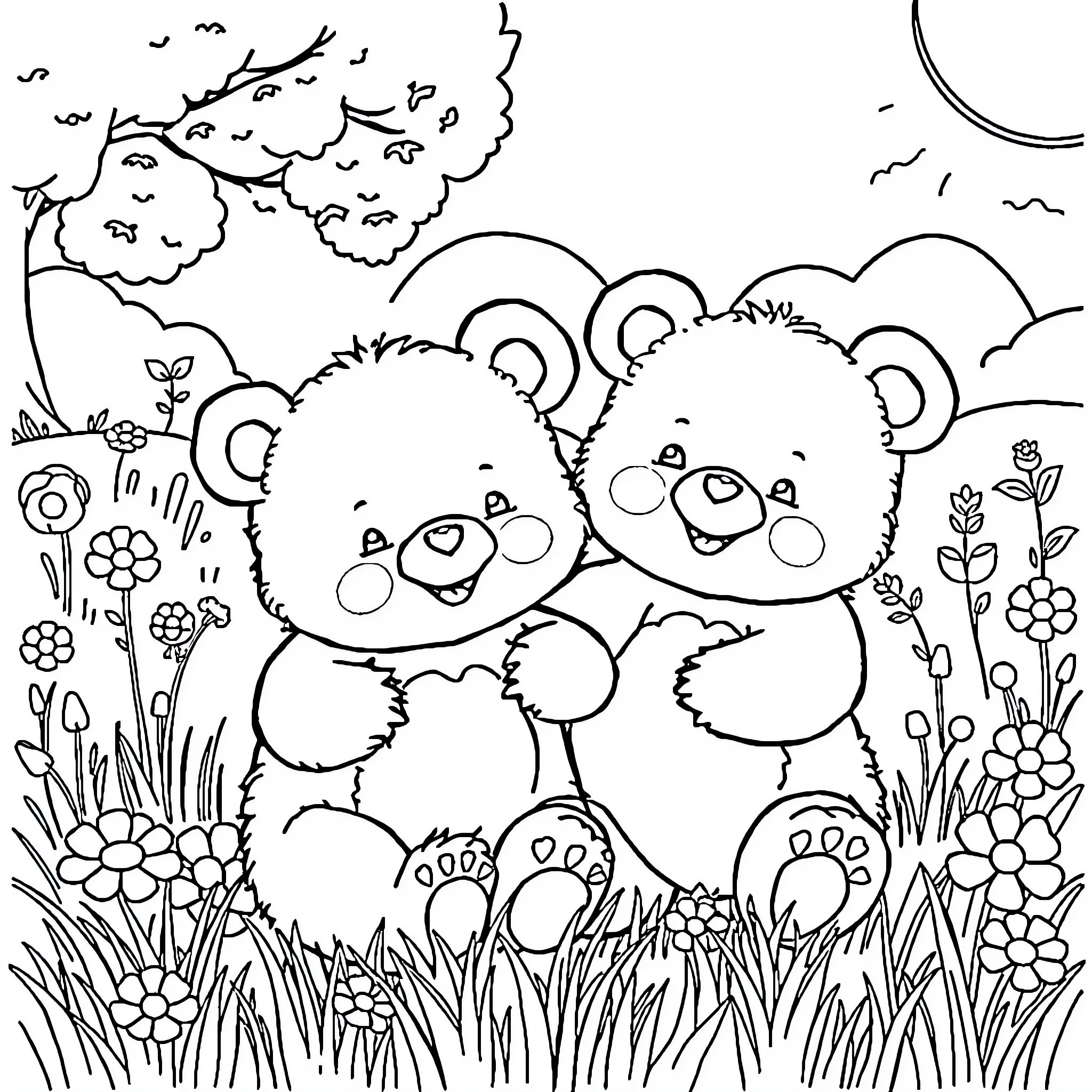 Care Bears playing joyfully in nature Coloring Page (free black-and-white line drawing printable PDF for all, from beginners to advanced learners, including children, teens, adults, and seniors)