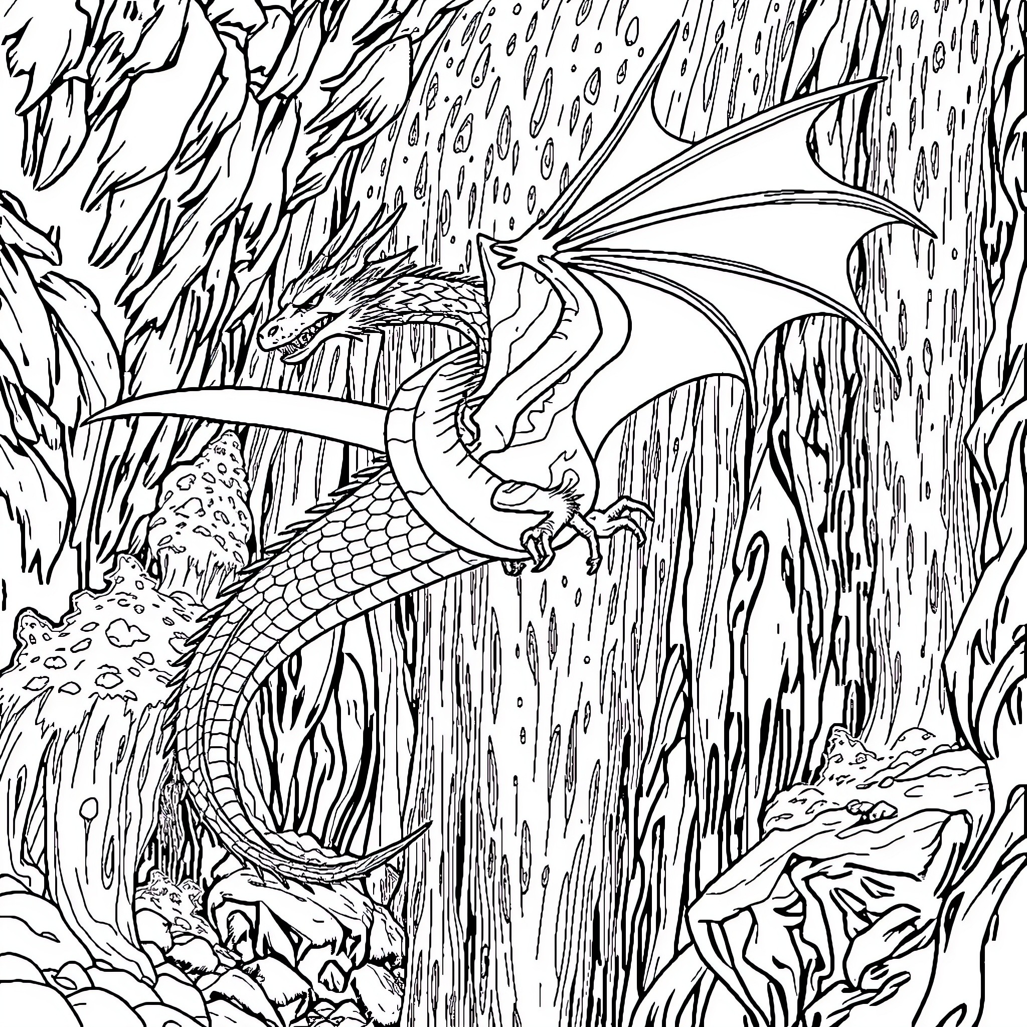 Dragon flying amidst a mystical forest landscape Coloring Page (free black-and-white line drawing printable PDF for all, from beginners to advanced learners, including children, teens, adults, and seniors)
