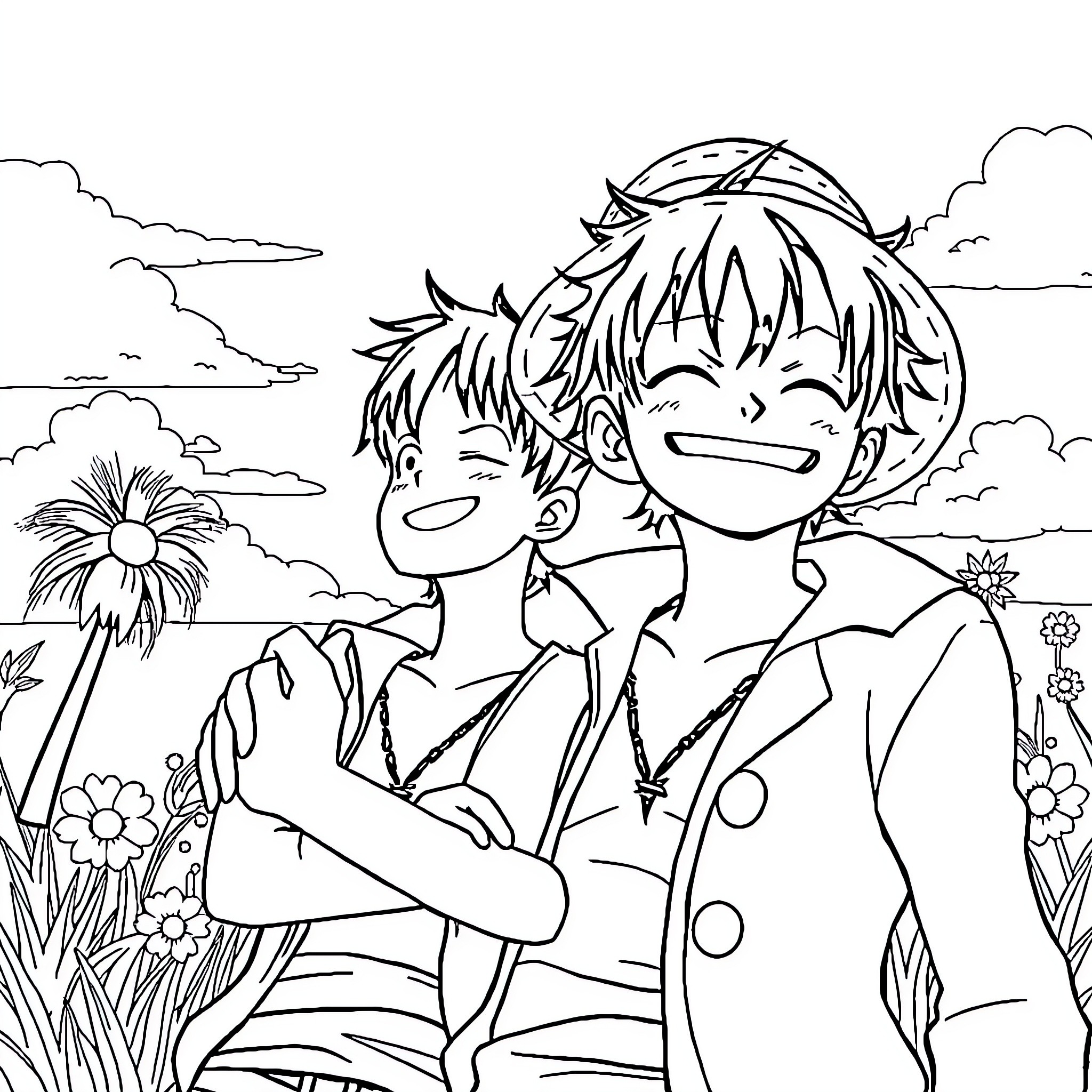 Goky Siblings Enjoying Outdoor Adventure Coloring Page (free black-and-white line drawing printable PDF for all, from beginners to advanced learners, including children, teens, adults, and seniors)