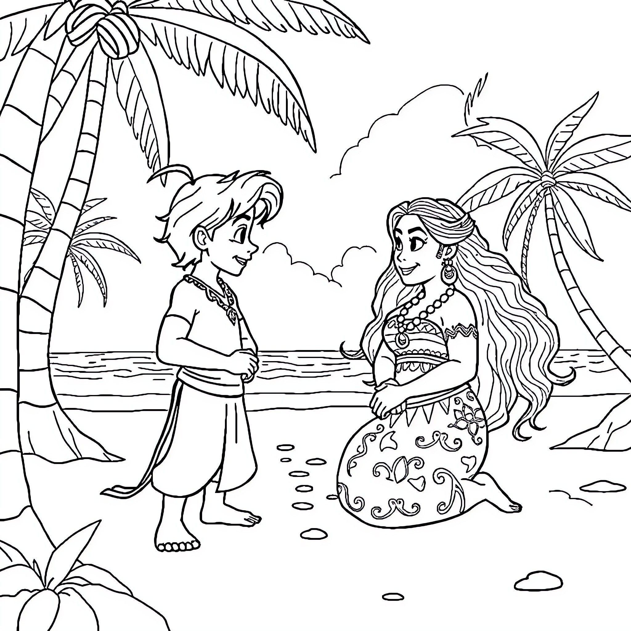 Aladdin and Jasmine in Tropical Paradise Coloring Page (free black-and-white line drawing printable PDF for all, from beginners to advanced learners, including children, teens, adults, and seniors)
