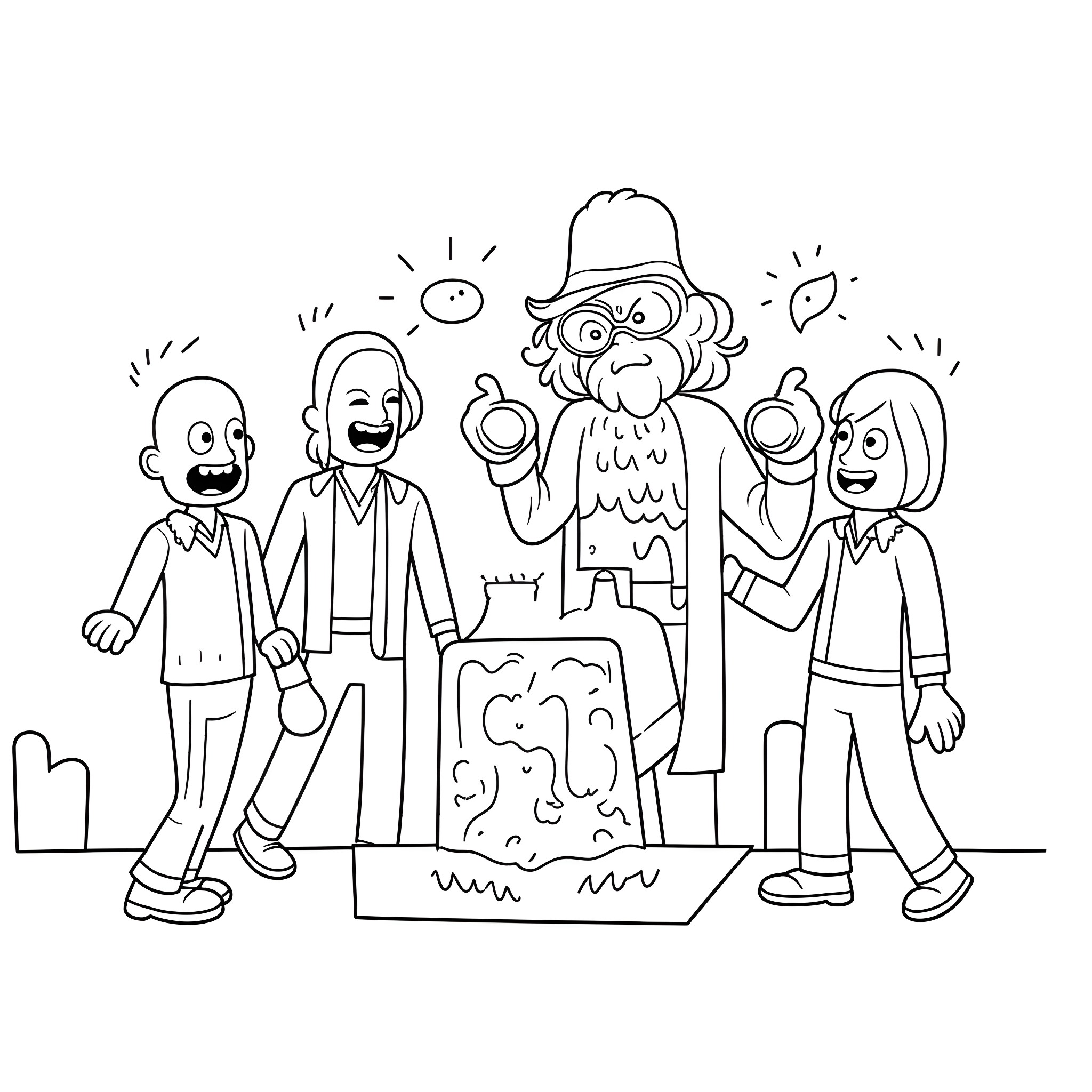 Zombie artists collaborating on a quirky mural Coloring Page (free black-and-white line drawing printable PDF for all, from beginners to advanced learners, including children, teens, adults, and seniors)