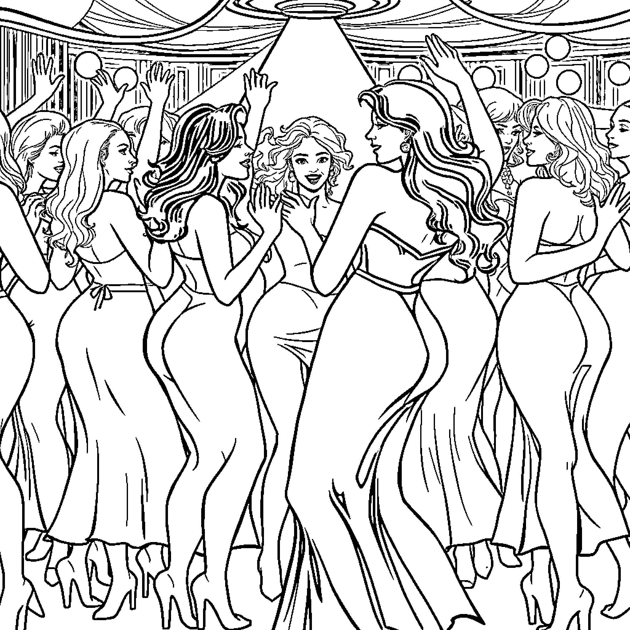 Women dancing joyfully at a glamorous event Coloring Page (free black-and-white line drawing printable PDF for all, from beginners to advanced learners, including children, teens, adults, and seniors)