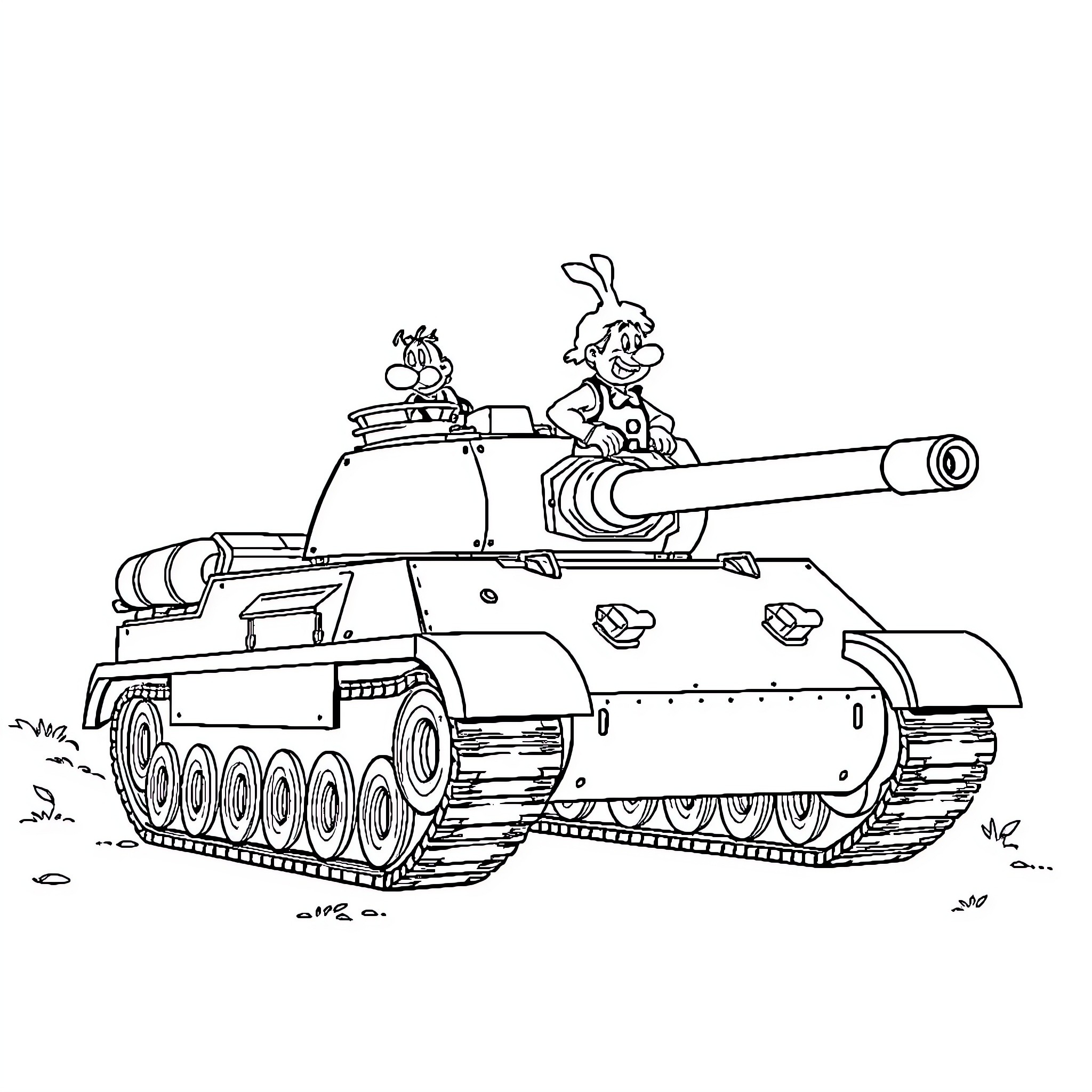 Tank with cartoon characters in action Coloring Page (free black-and-white line drawing printable PDF for all, from beginners to advanced learners, including children, teens, adults, and seniors)