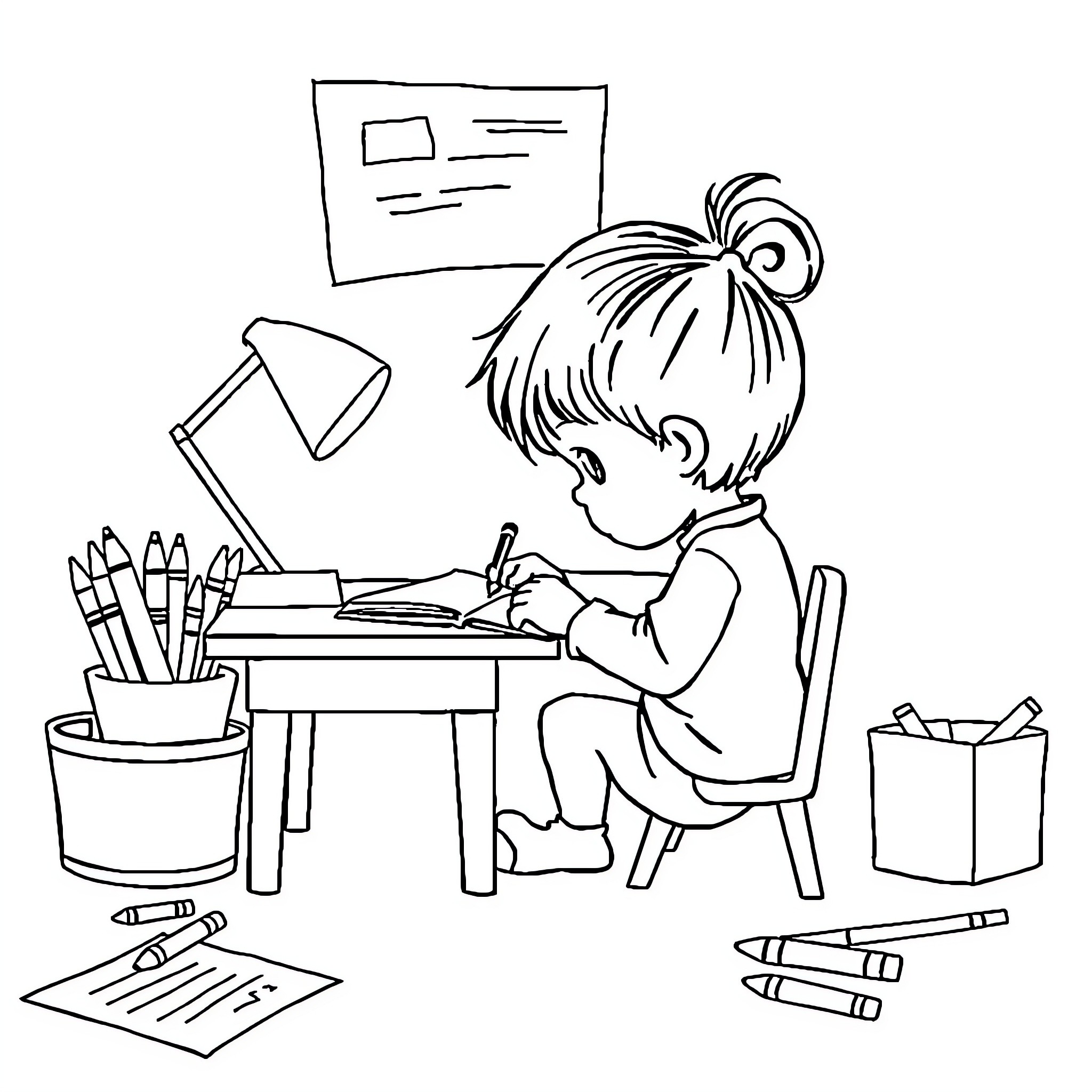 Child focused on drawing at desk Coloring Page (free black-and-white line drawing printable PDF for all, from beginners to advanced learners, including children, teens, adults, and seniors)