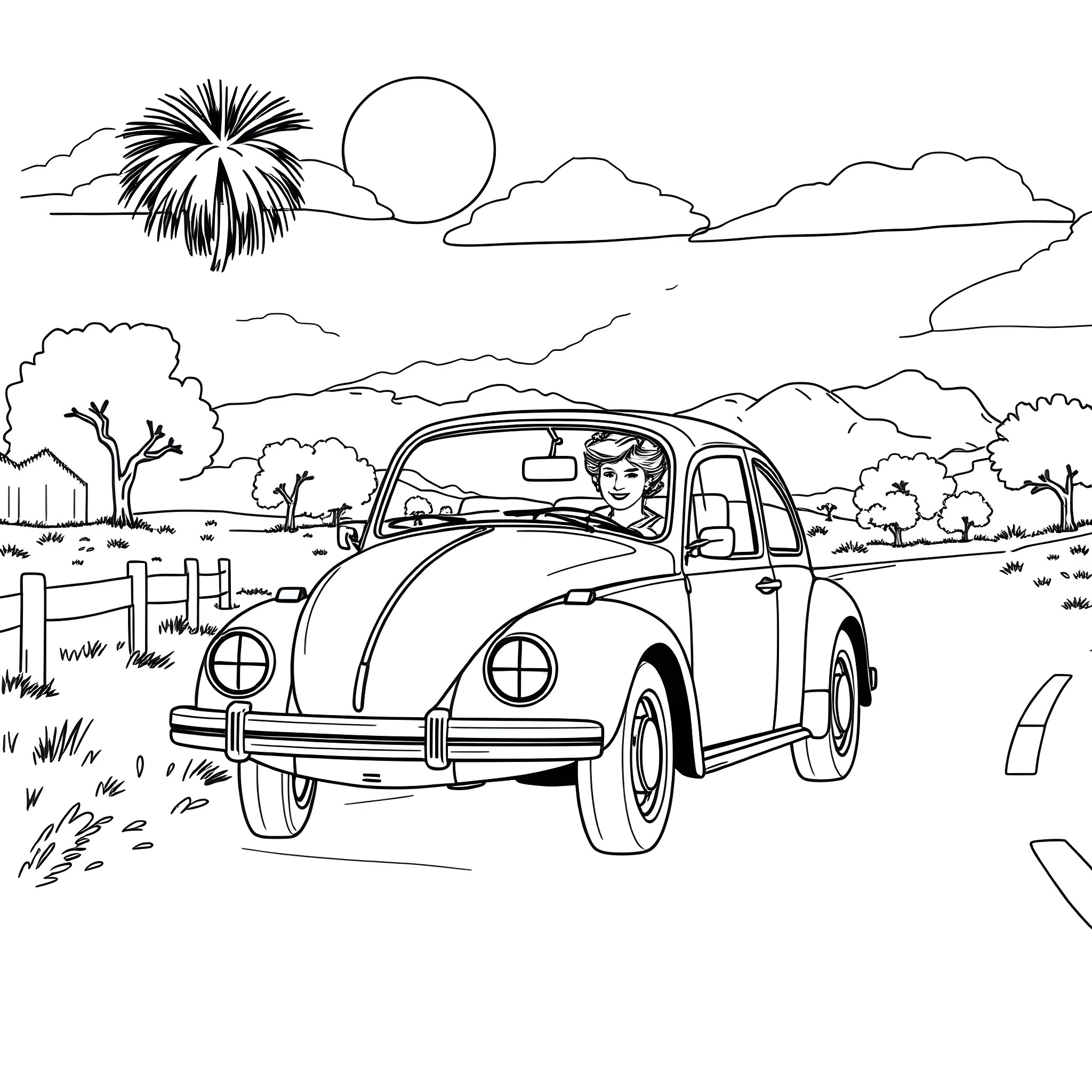 Princess Diana drives a vintage car through the countryside Coloring Page (free black-and-white line drawing printable PDF for all, from beginners to advanced learners, including children, teens, adults, and seniors)