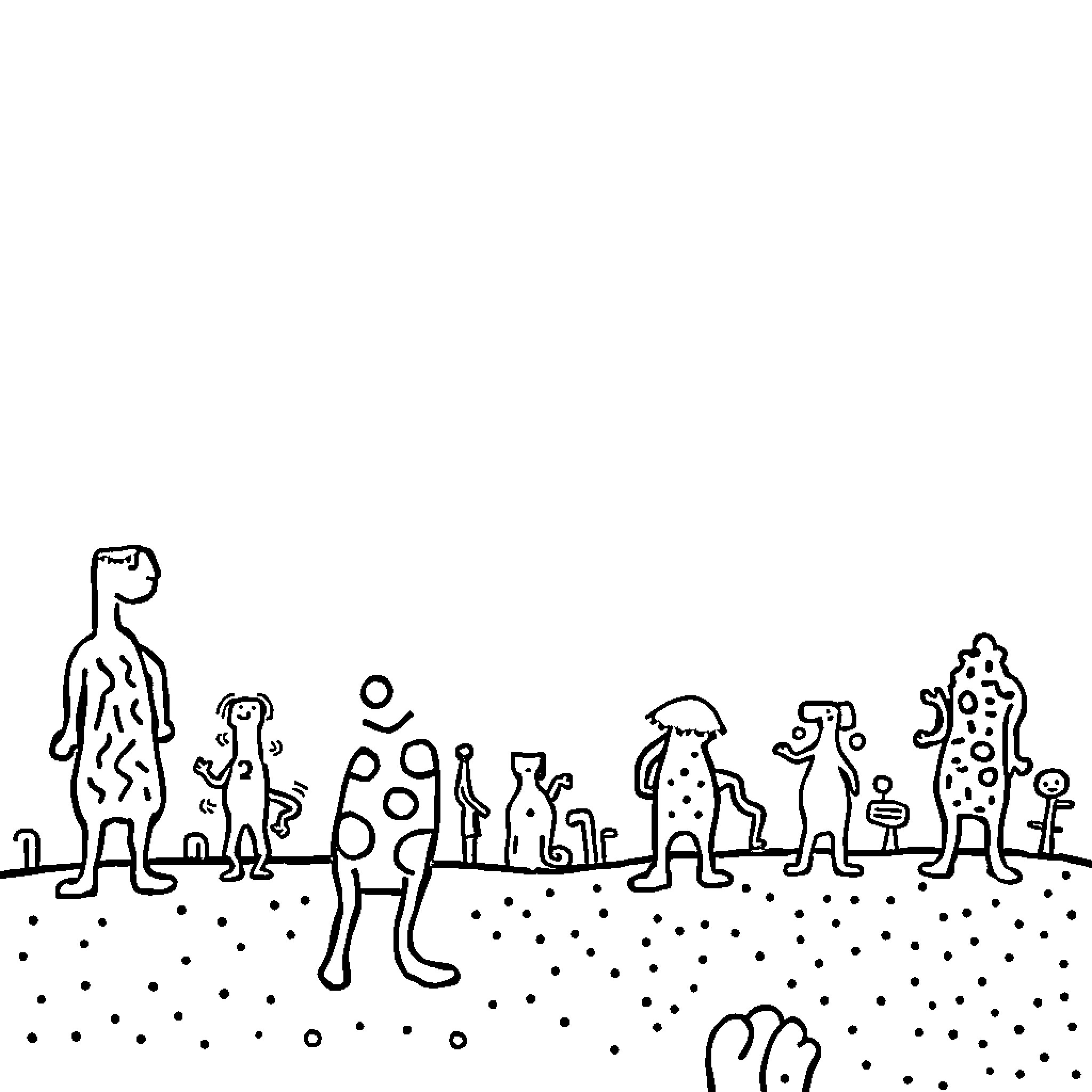 Keith Haring's whimsical figures dancing together Coloring Page (free black-and-white line drawing printable PDF for all, from beginners to advanced learners, including children, teens, adults, and seniors)