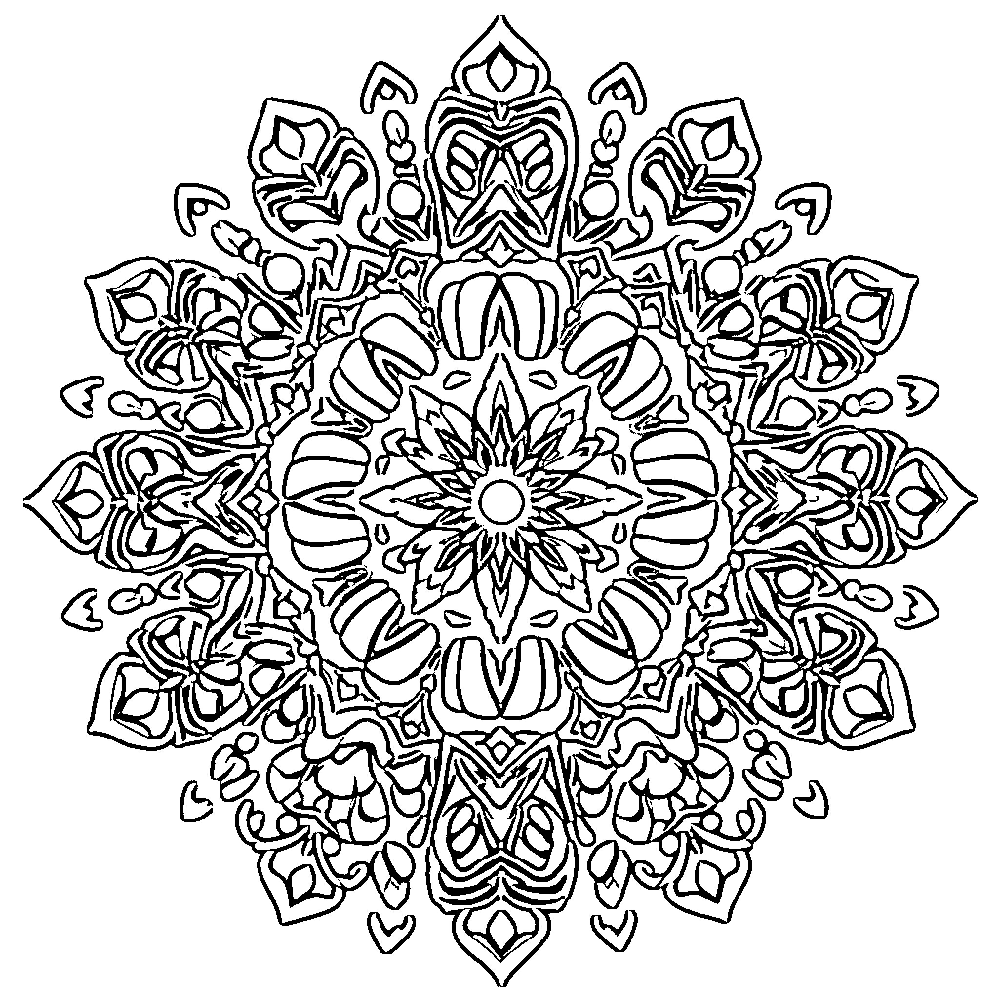 Mandala with intricate floral patterns and symmetrical design Coloring Page (free black-and-white line drawing printable PDF for all, from beginners to advanced learners, including children, teens, adults, and seniors)